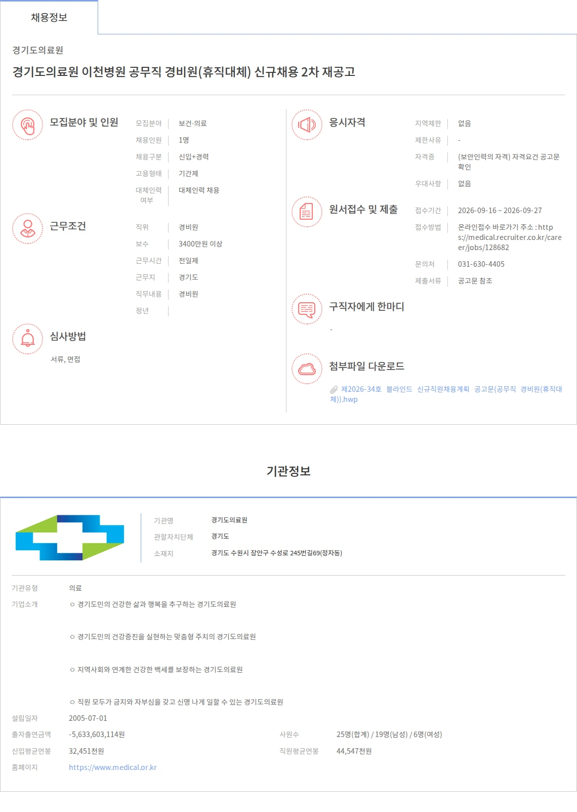 경기도의료원 경기도의료원 이천병원 공무직 경비원(휴직대체) 신규채용 2차 재공고 채용공고