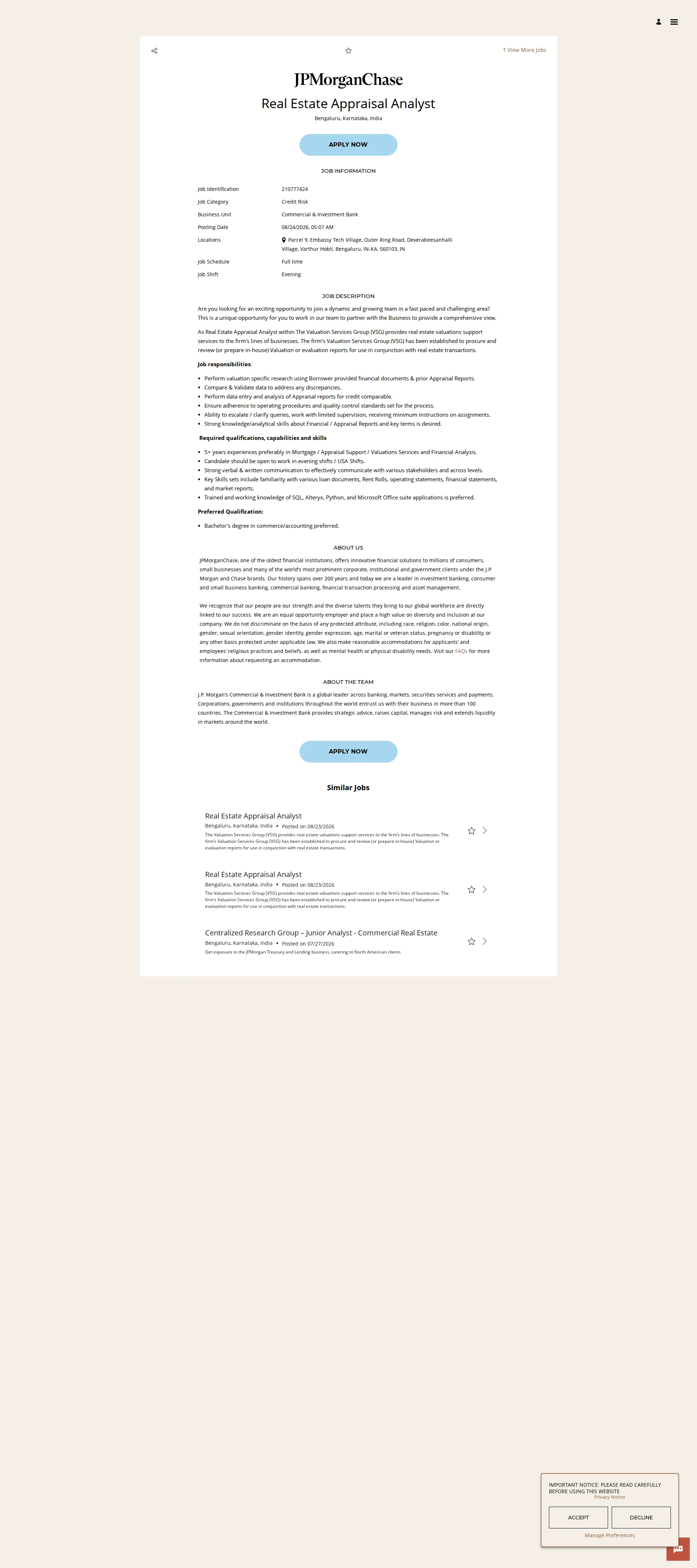 JPMorganChase Real Estate Appraisal Analyst 채용공고