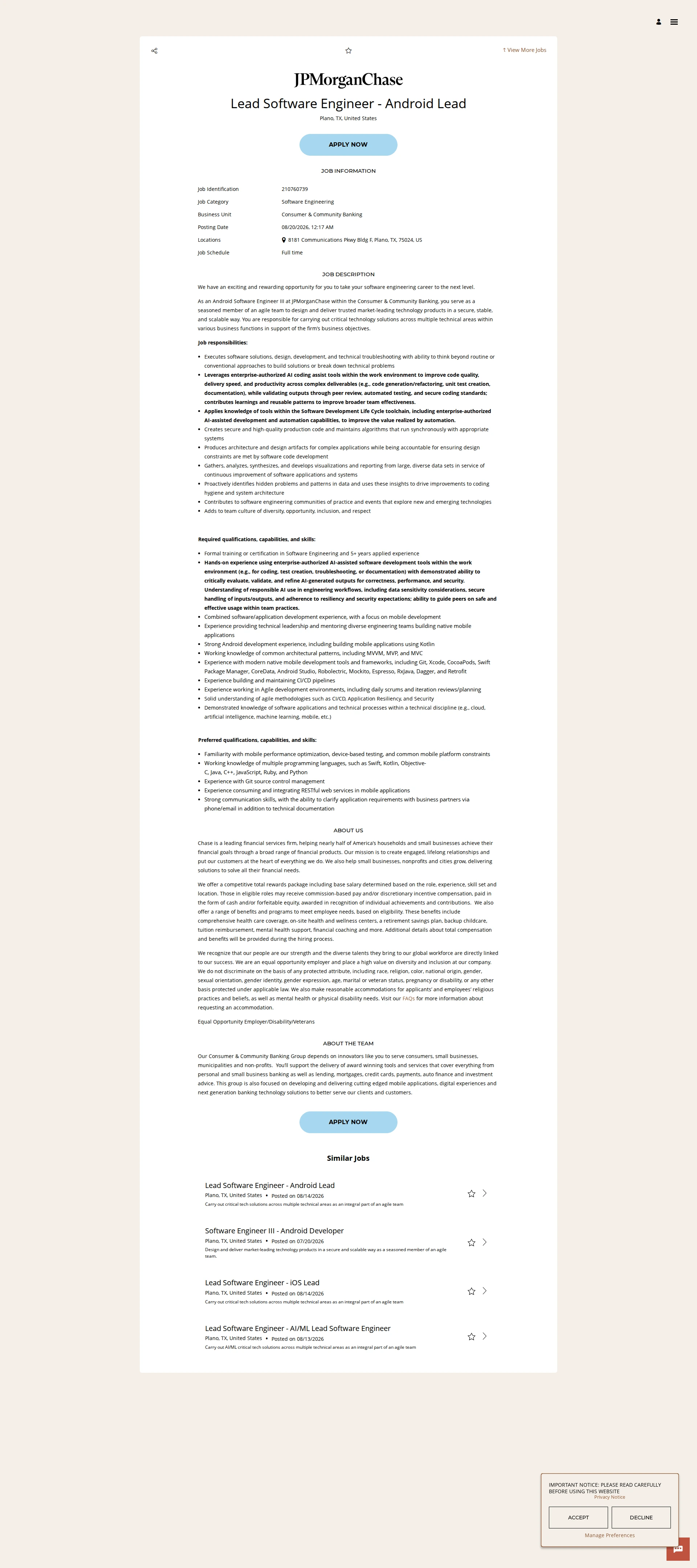 JPMorganChase Lead Software Engineer - Android Lead 채용공고