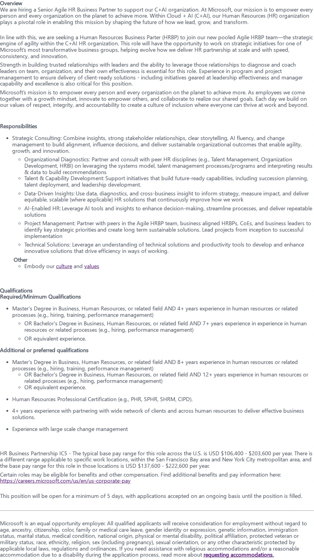 마이크로소프트(Microsoft) Senior Agile HR Business Partner 채용공고