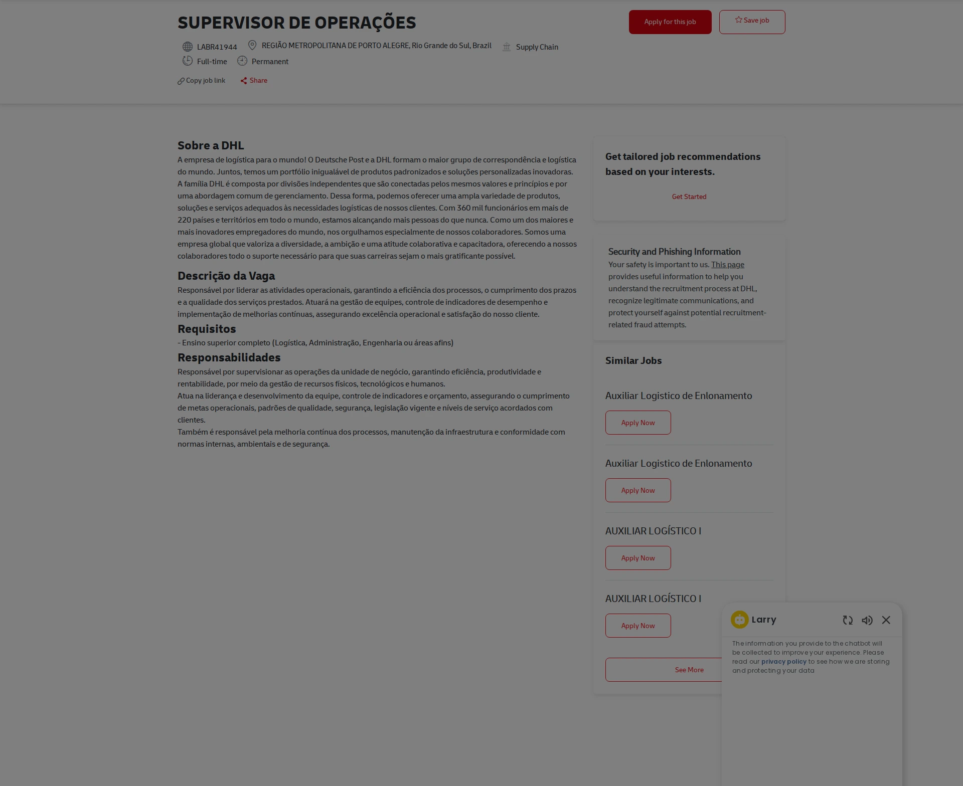DHL SUPERVISOR DE OPERAÇÕES 채용공고