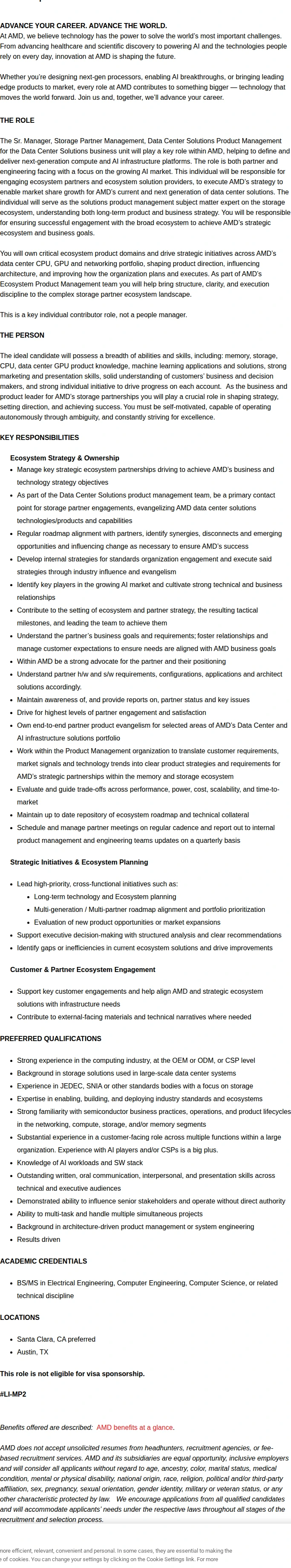 AMD Sr. Manager, Storage Partner Management, Data Center Solutions Product Management 채용공고