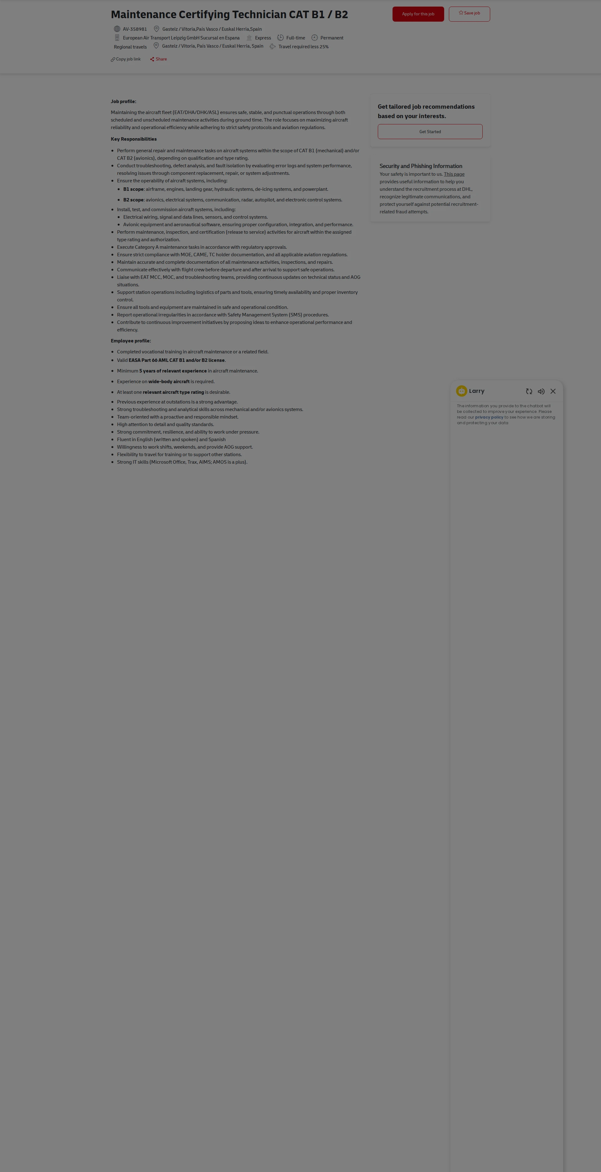 DHL Maintenance Certifying Technician CAT B1 / B2 채용공고