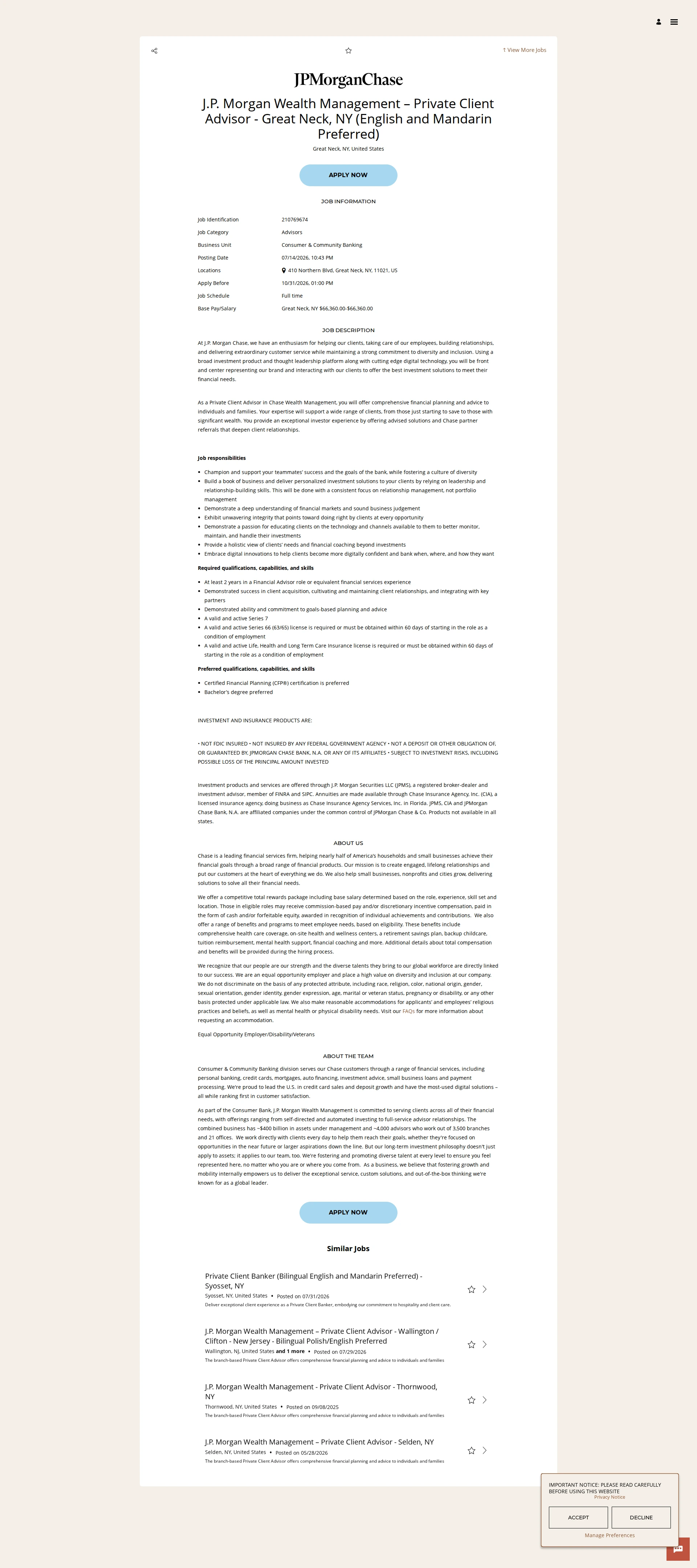 JPMorganChase J.P. Morgan Wealth Management – Private Client Advisor - Great Neck, NY (English and Mandarin Preferred) 채용공고