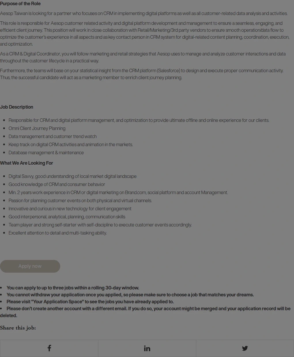 로레알(L'Oreal) [L'OREAL Taiwan] CRM & Digital Coordinator, Aesop 채용공고