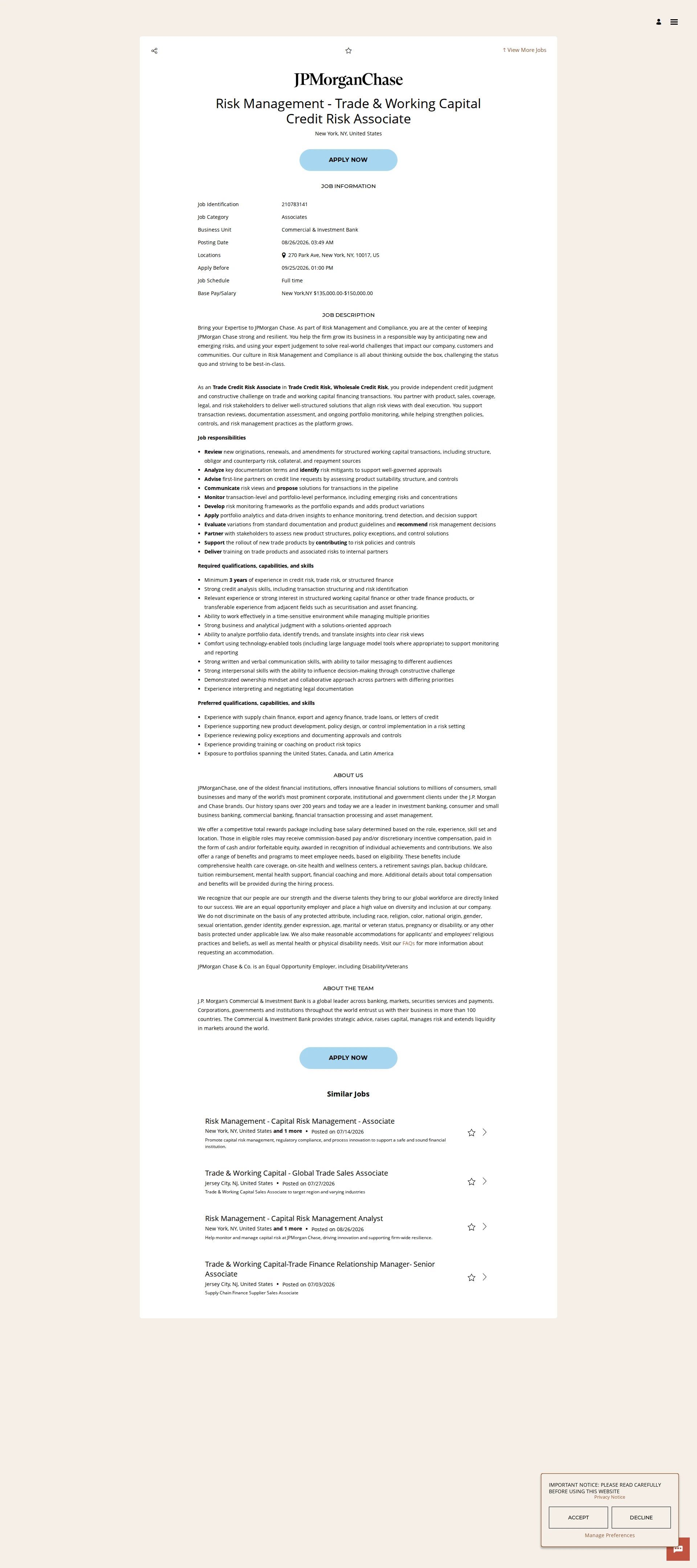 JPMorganChase Risk Management - Trade & Working Capital Credit Risk Associate 채용공고