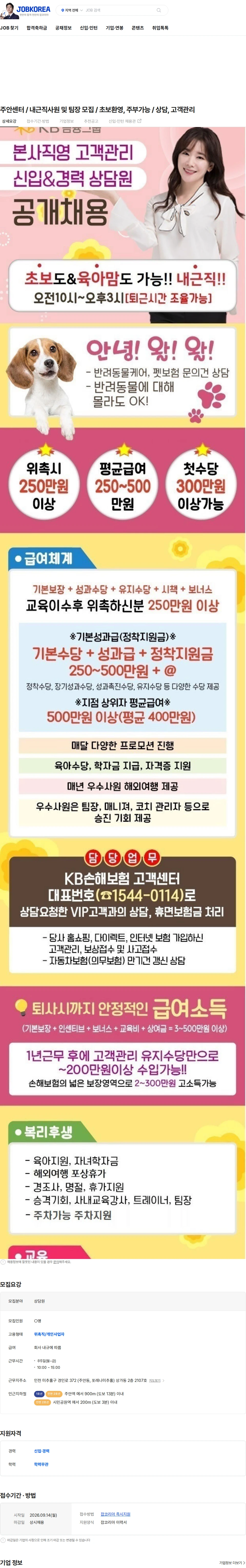 KB손해보험 주안센터 / 내근직사원 및 팀장 모집 / 초보환영, 주부가능 / 상담, 고객관리 채용공고