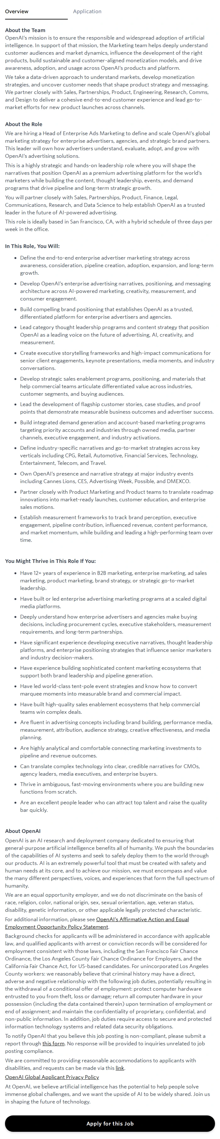 오픈에이아이(OpenAI) Head of Ads Enterprise Marketing 채용공고