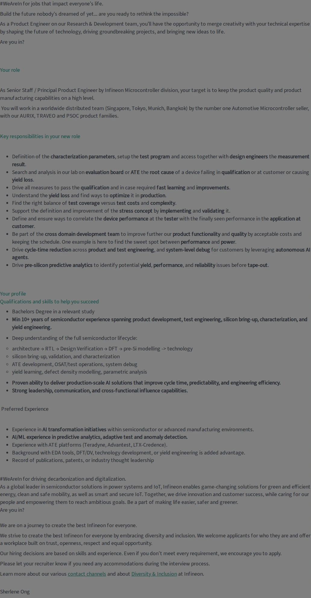 인피니언테크놀로지스코리아 Senior Staff / Principal Product Engineer 채용공고