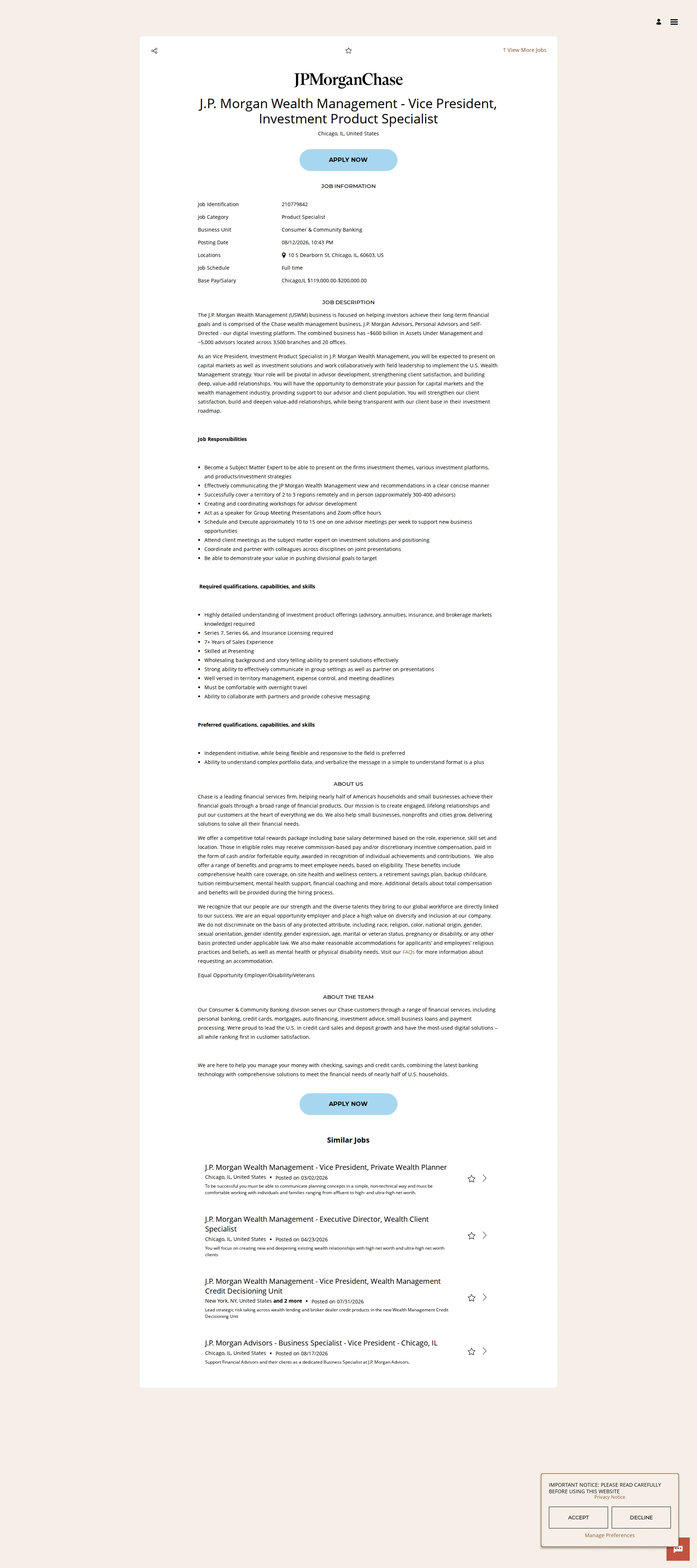 JPMorganChase J.P. Morgan Wealth Management - Vice President, Investment Product Specialist 채용공고