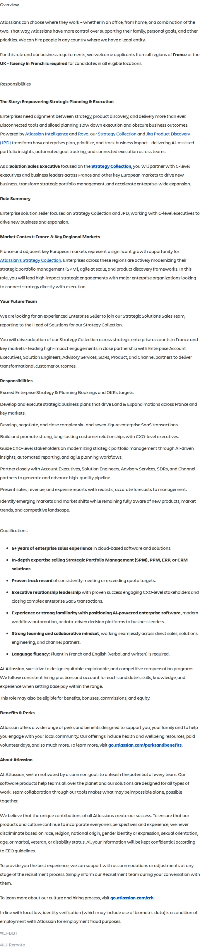 아틀라시안 Solution Sales Executive, Strategy Collection - France & Key Markets 채용공고