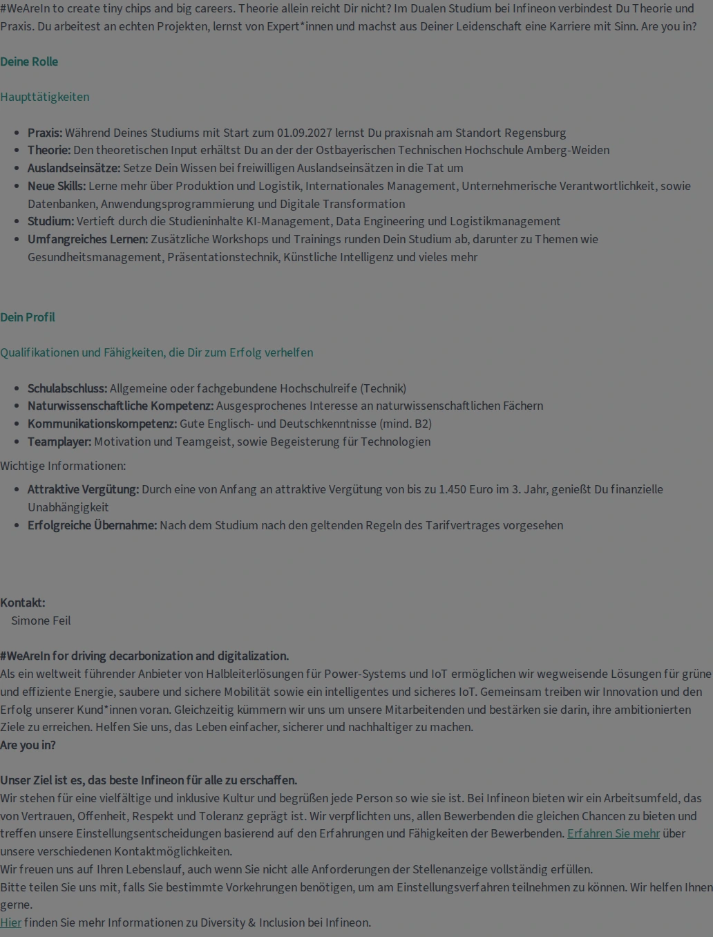 인피니언 Duales Studium - B. Sc. Angewandte Wirtschaftsinformatik 2027 (w/m/d) 채용공고