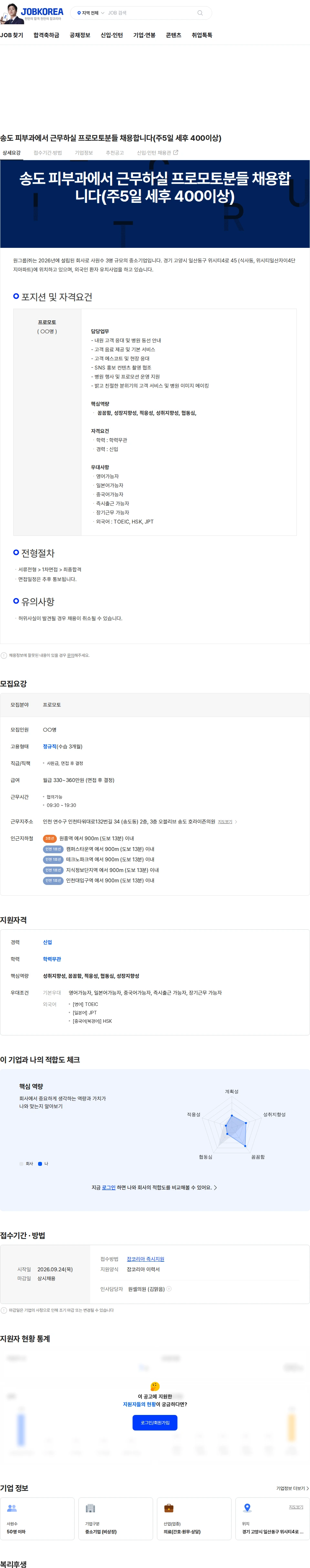 원그룹 송도 피부과에서 근무하실 프로모토분들 채용합니다(주5일 세후 400이상) 채용공고
