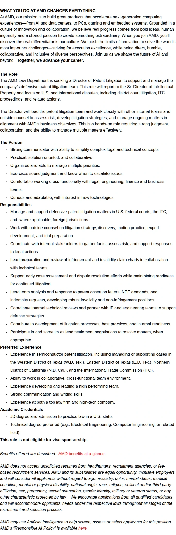 AMD Director, Legal Patent Litigation 채용공고