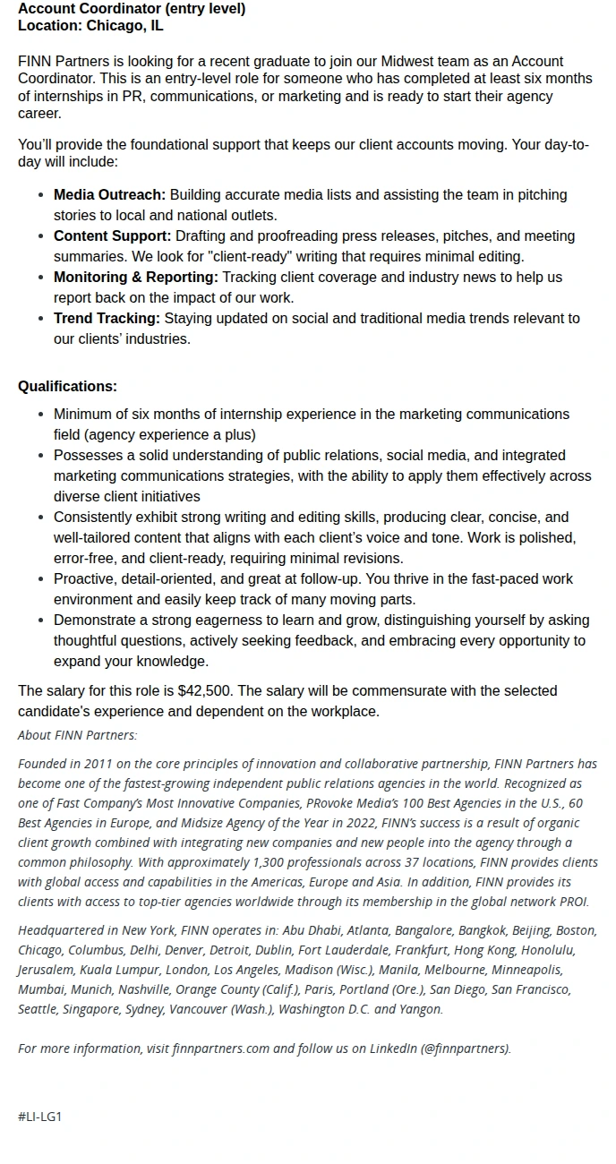 Finn Partners Account Coordinator (entry level) 채용공고
