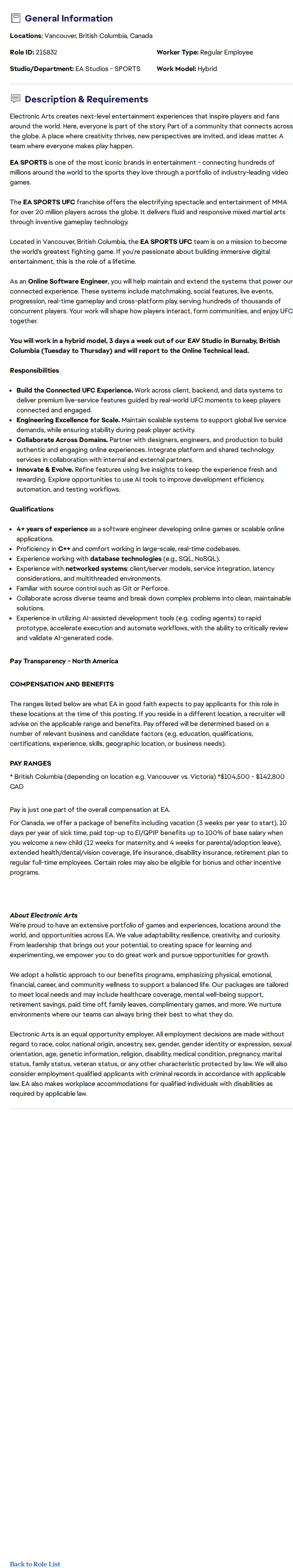 ElectronicArts Online Software Engineer - EA SPORTS™ UFC 채용공고
