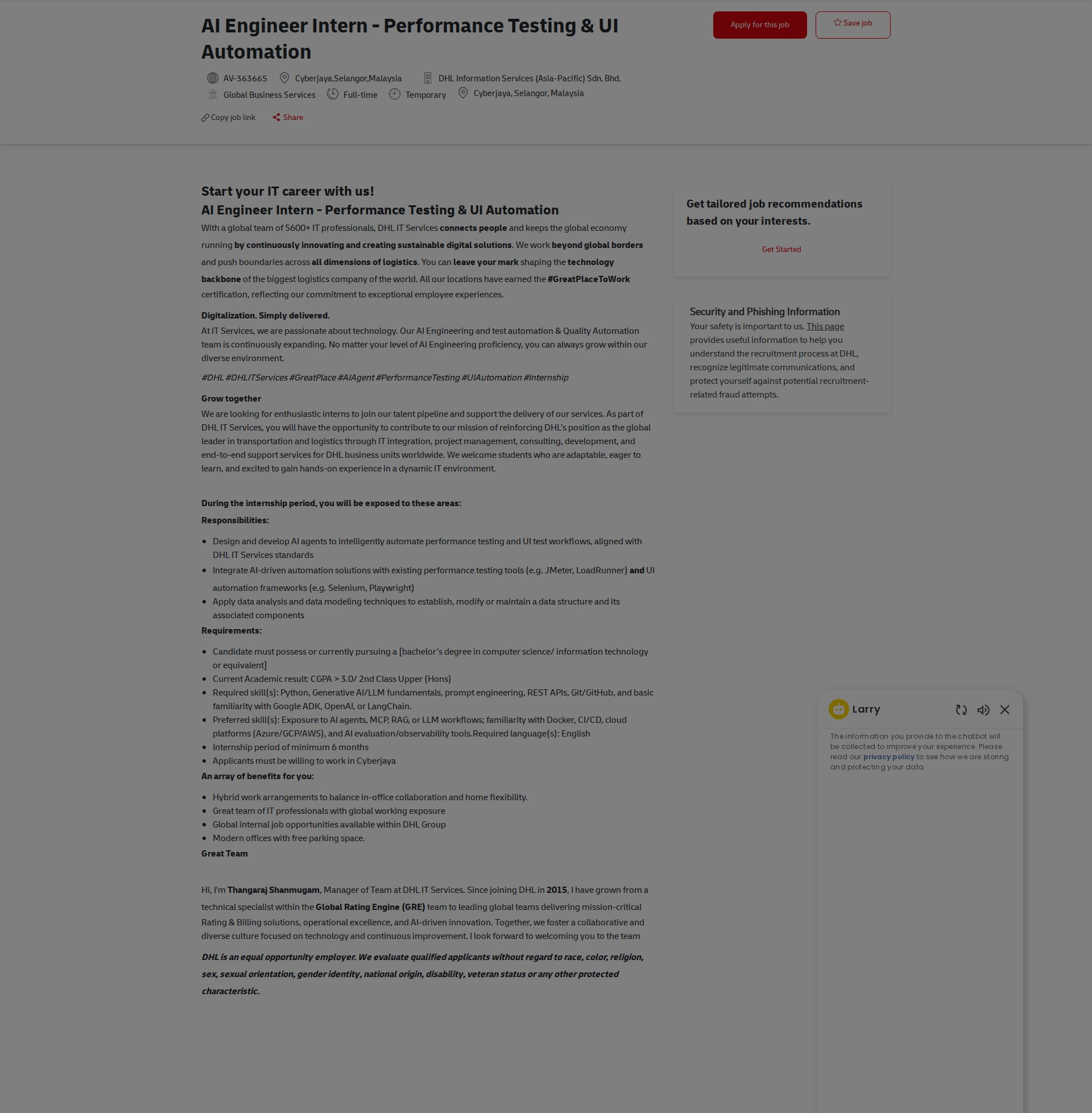 DHL AI Engineer Intern - Performance Testing & UI Automation 채용공고