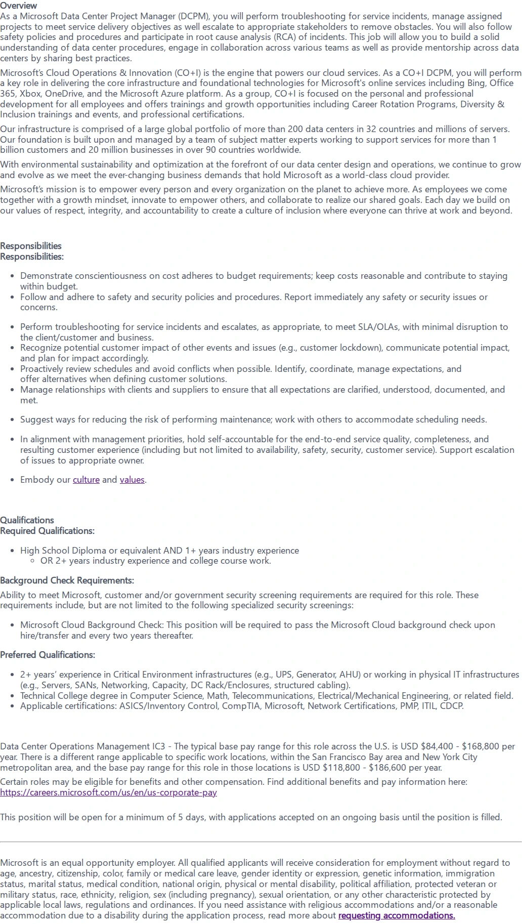 마이크로소프트(Microsoft) Data Center Program Manager 채용공고