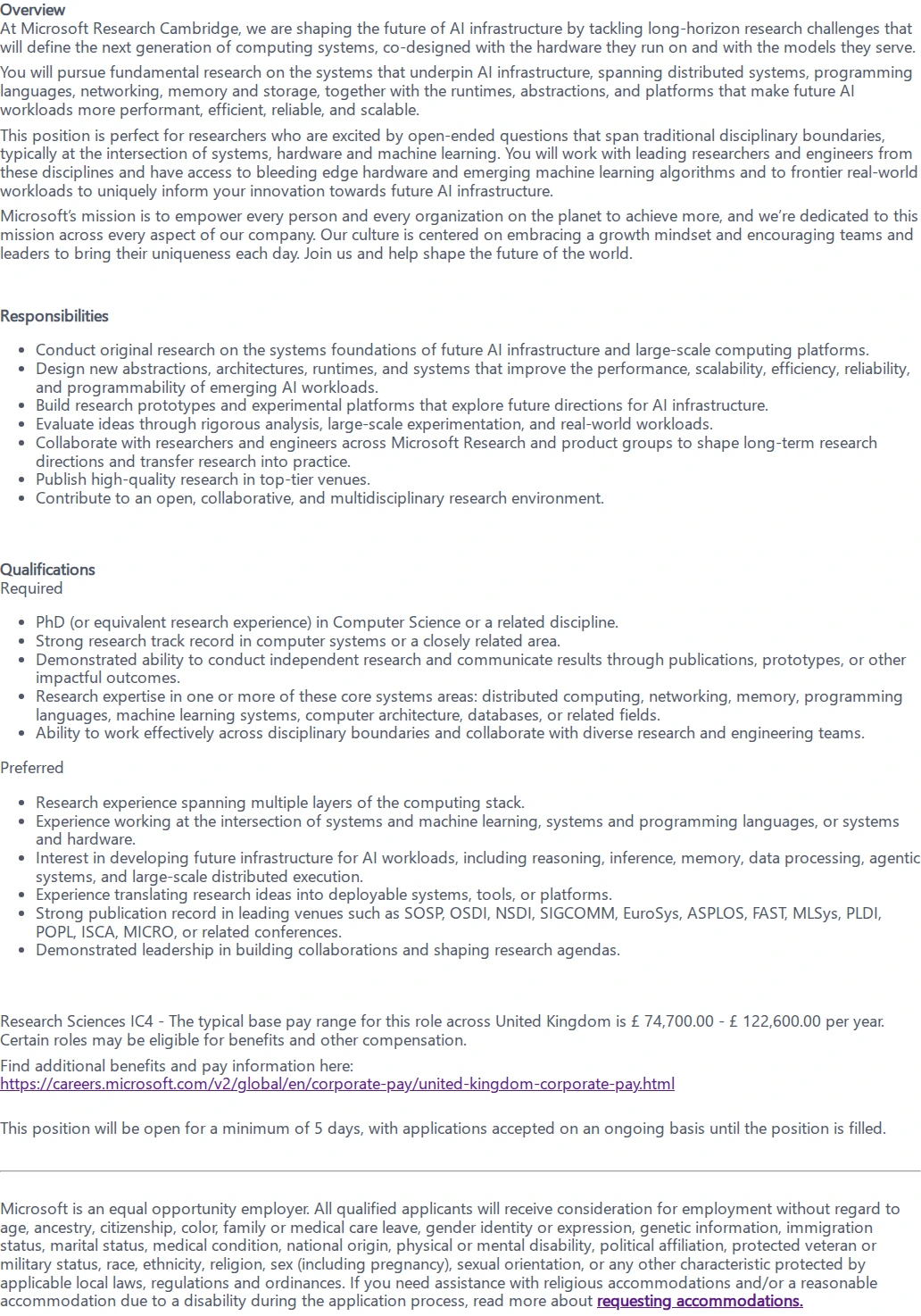 마이크로소프트(Microsoft) Senior Researcher - AI Systems - Microsoft Research 채용공고