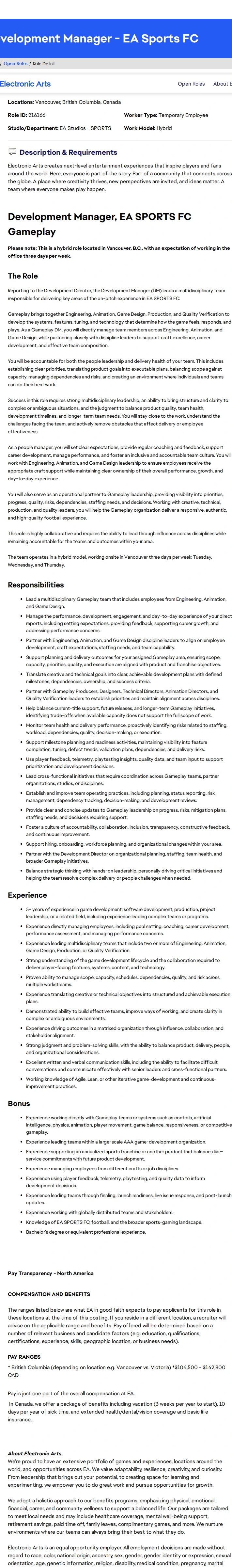 ElectronicArts Development Manager - EA Sports FC 채용공고