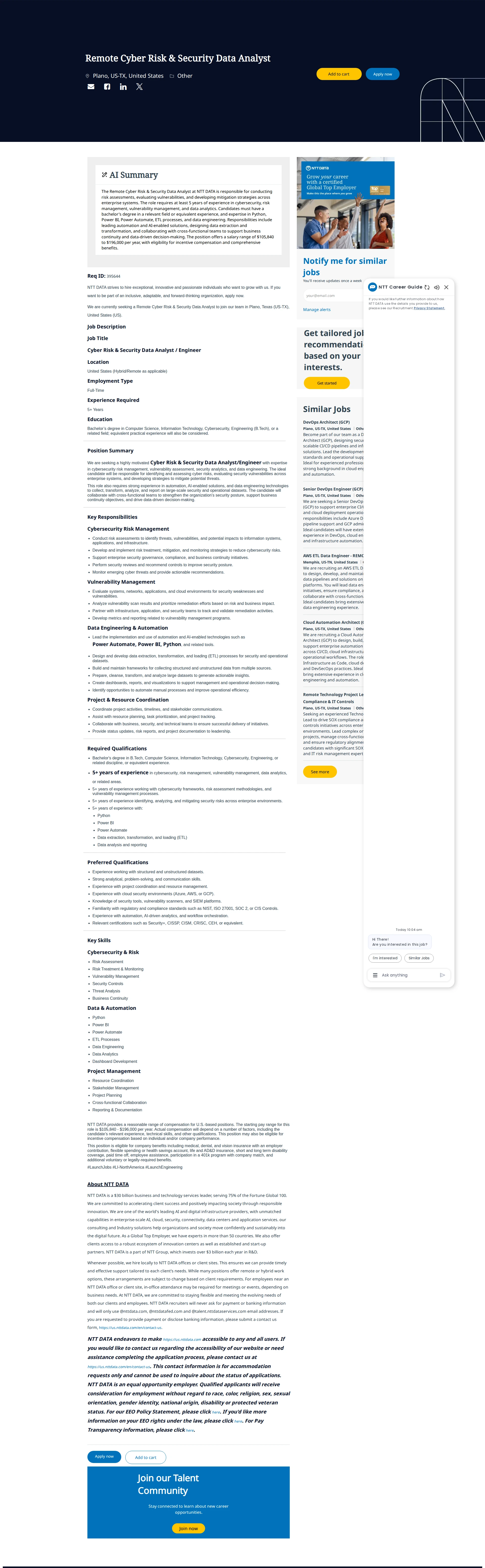NTT데이터 Remote Cyber Risk & Security Data Analyst 채용공고