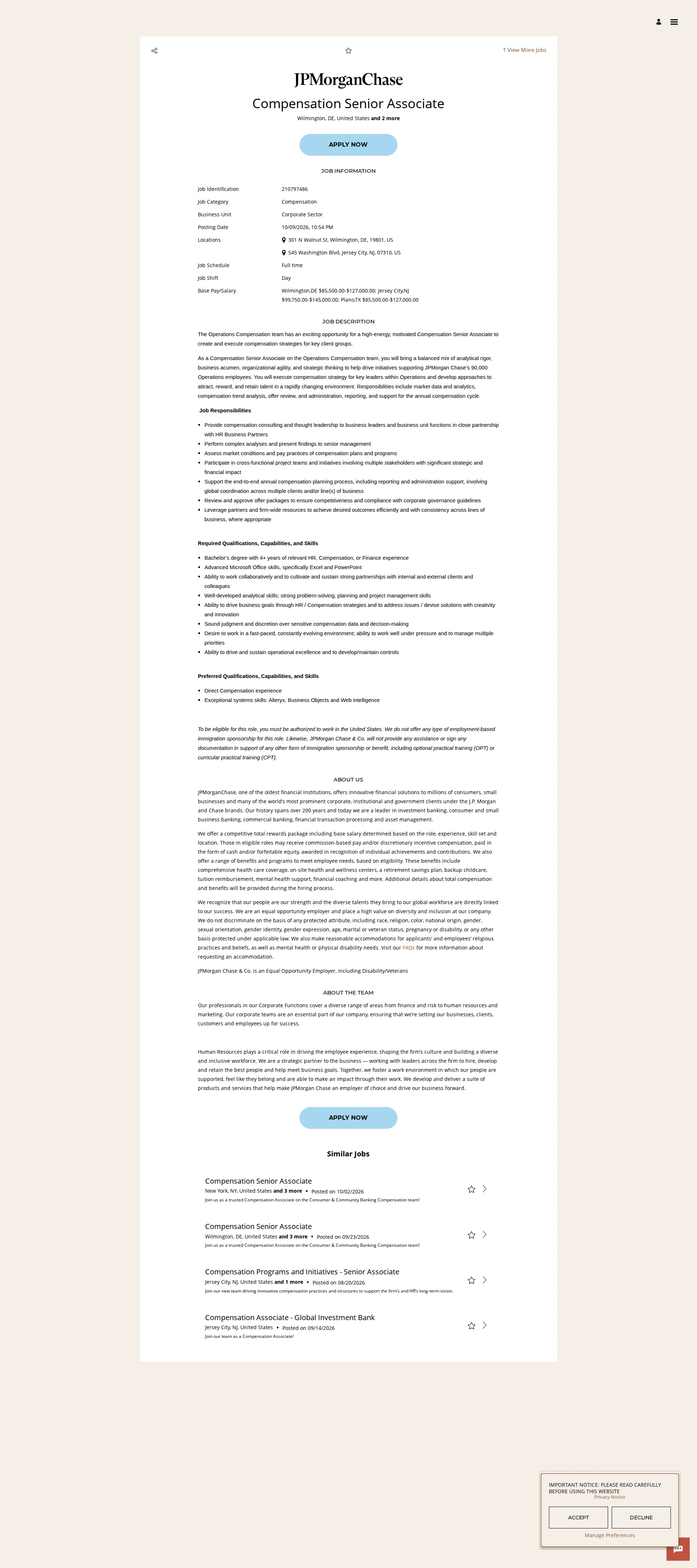 JPMorganChase Compensation Senior Associate 채용공고