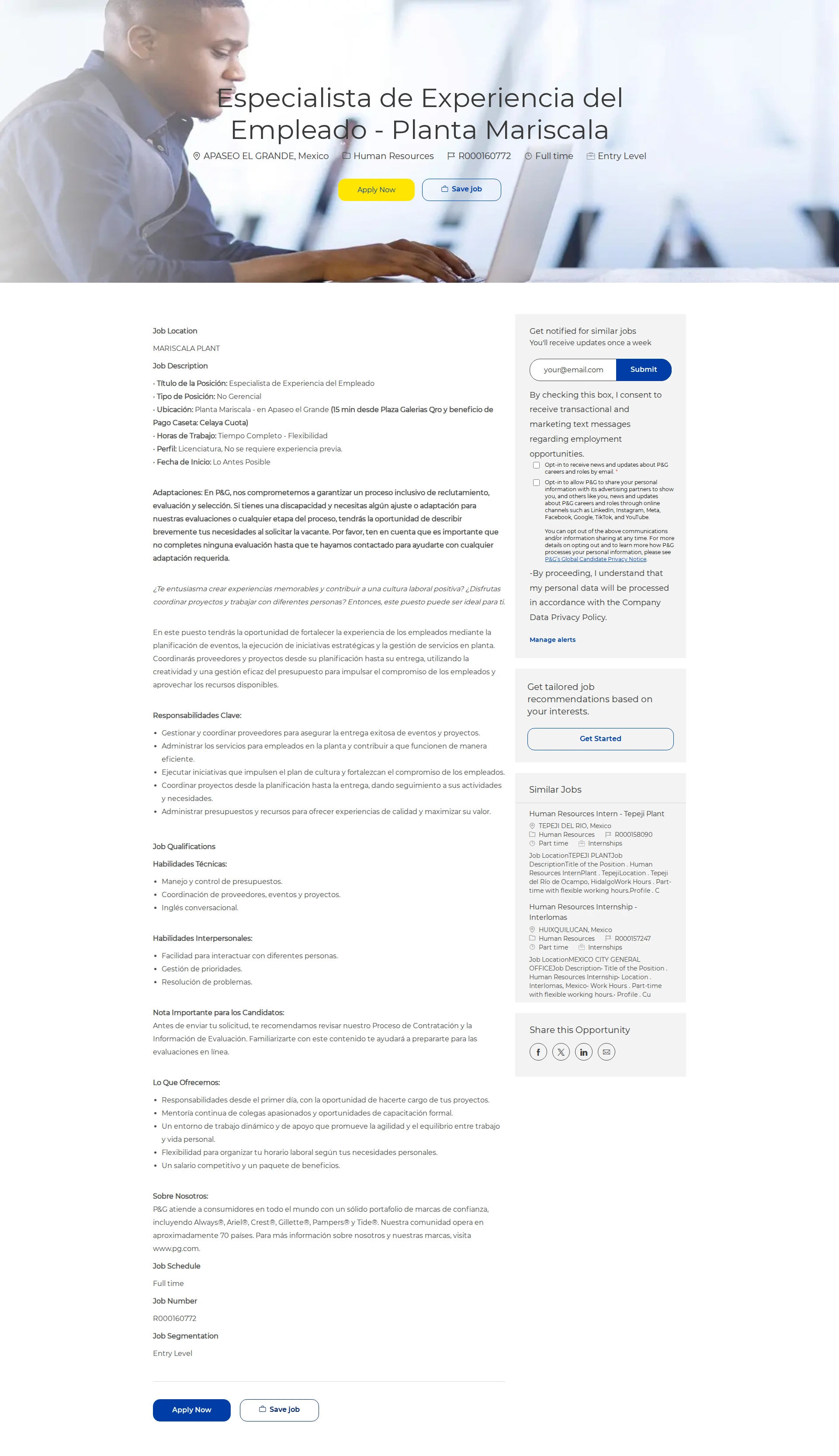P&G Especialista de Experiencia del Empleado - Planta Mariscala 채용공고