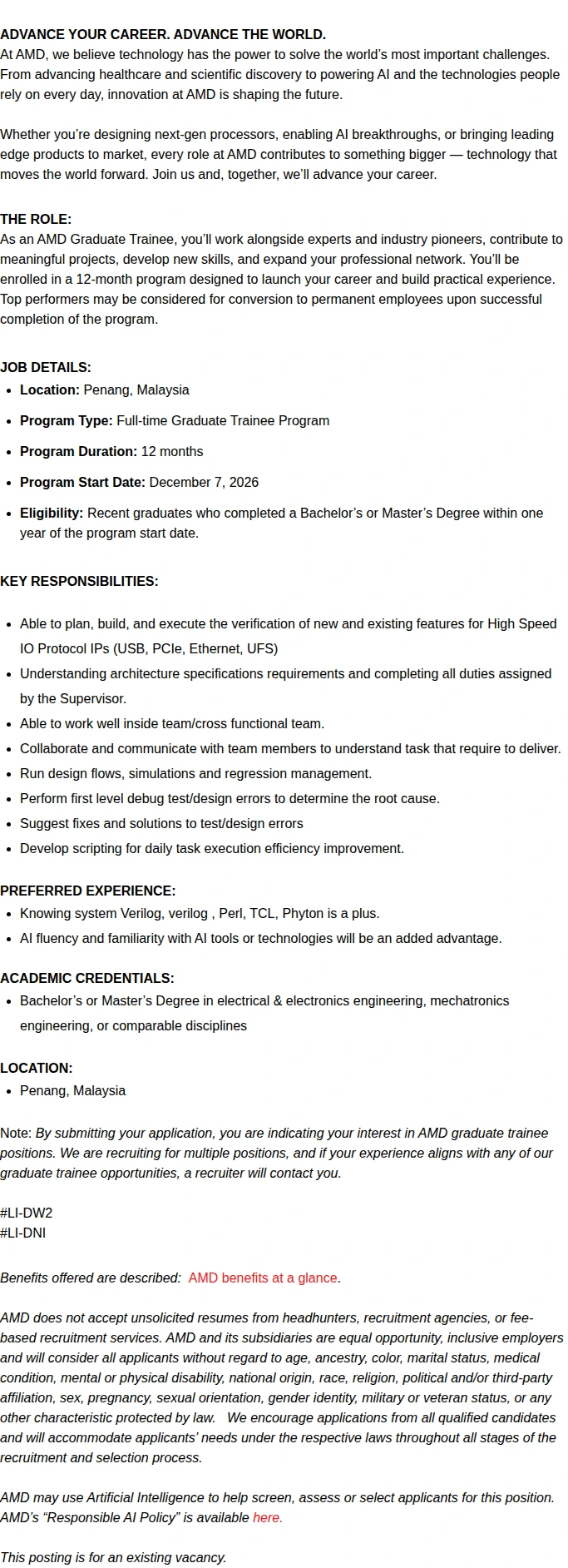 AMD 2026 Graduate Trainee - Silicon Design Engineer (December Intake) 채용공고