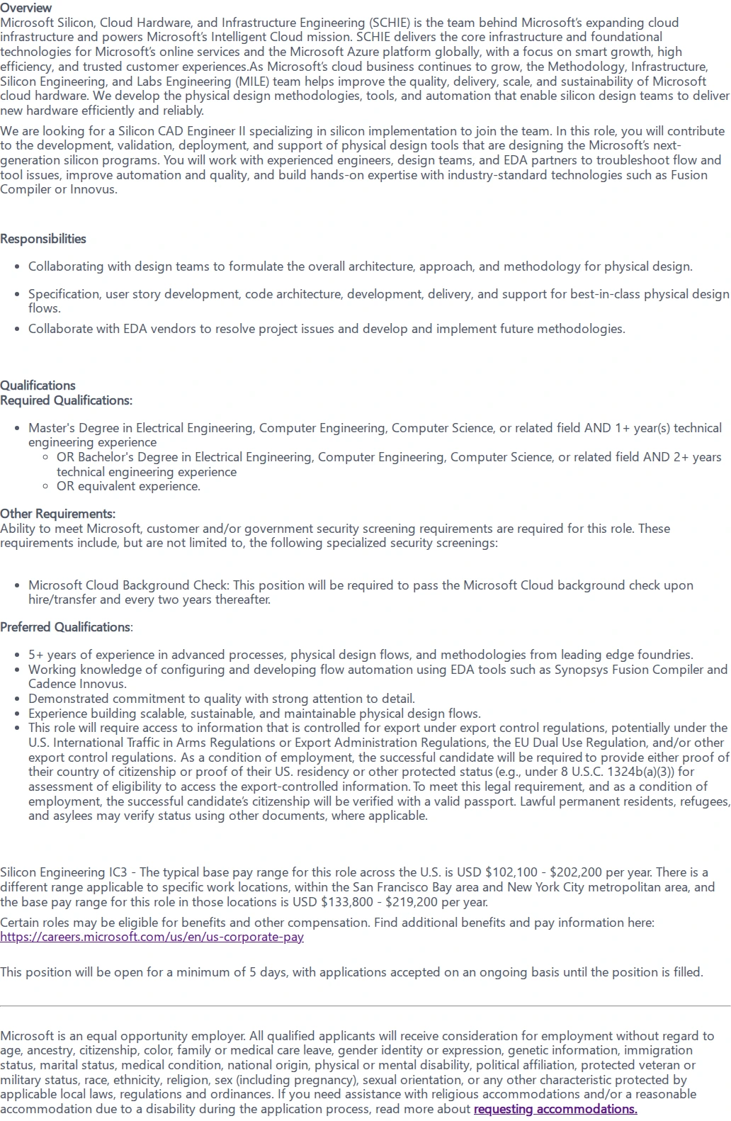마이크로소프트(Microsoft) Physical Design CAD Engineer 채용공고