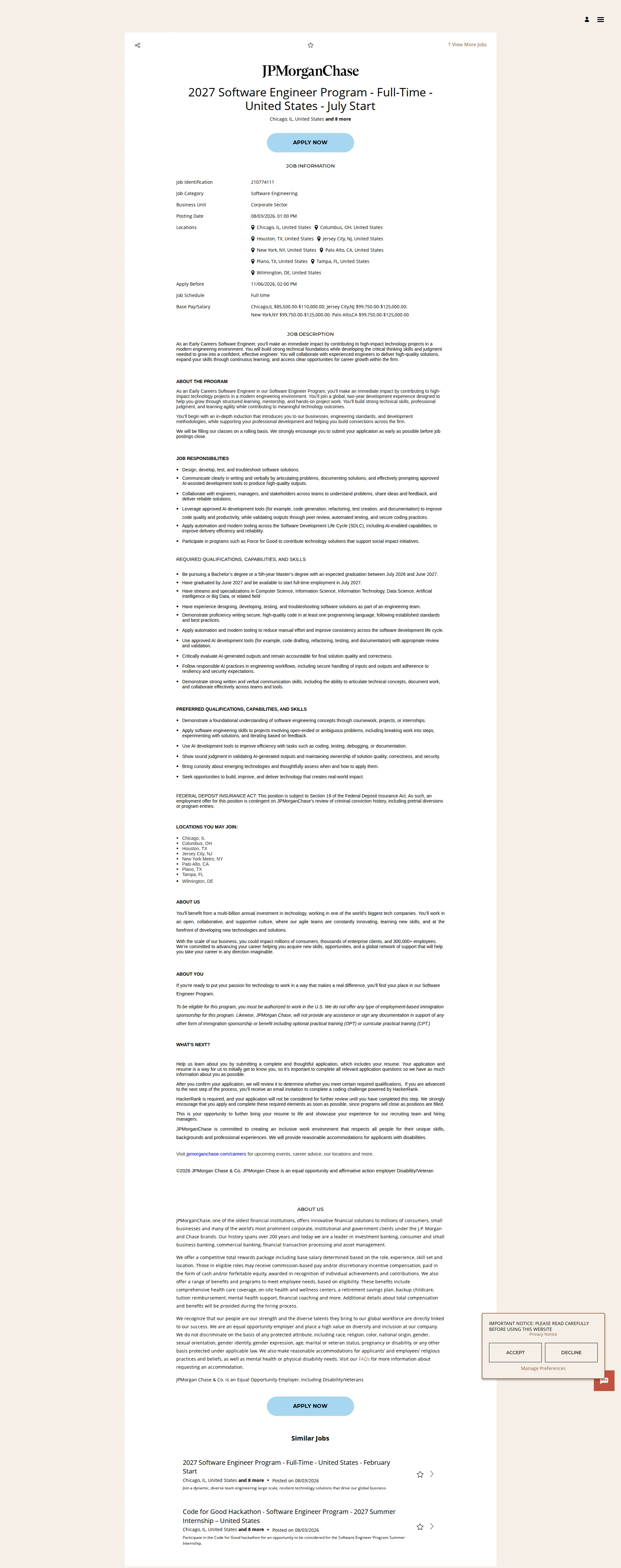 JPMorganChase 2027 Software Engineer Program - Full-Time - United States - July Start 채용공고
