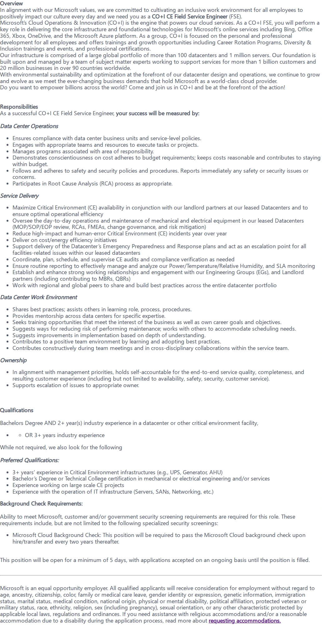 마이크로소프트(Microsoft) CE Field Service Engineer 채용공고