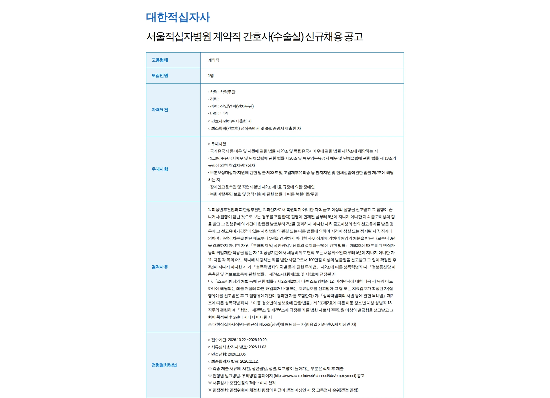 대한적십자사 서울적십자병원 계약직 간호사(수술실) 신규채용 공고 채용공고