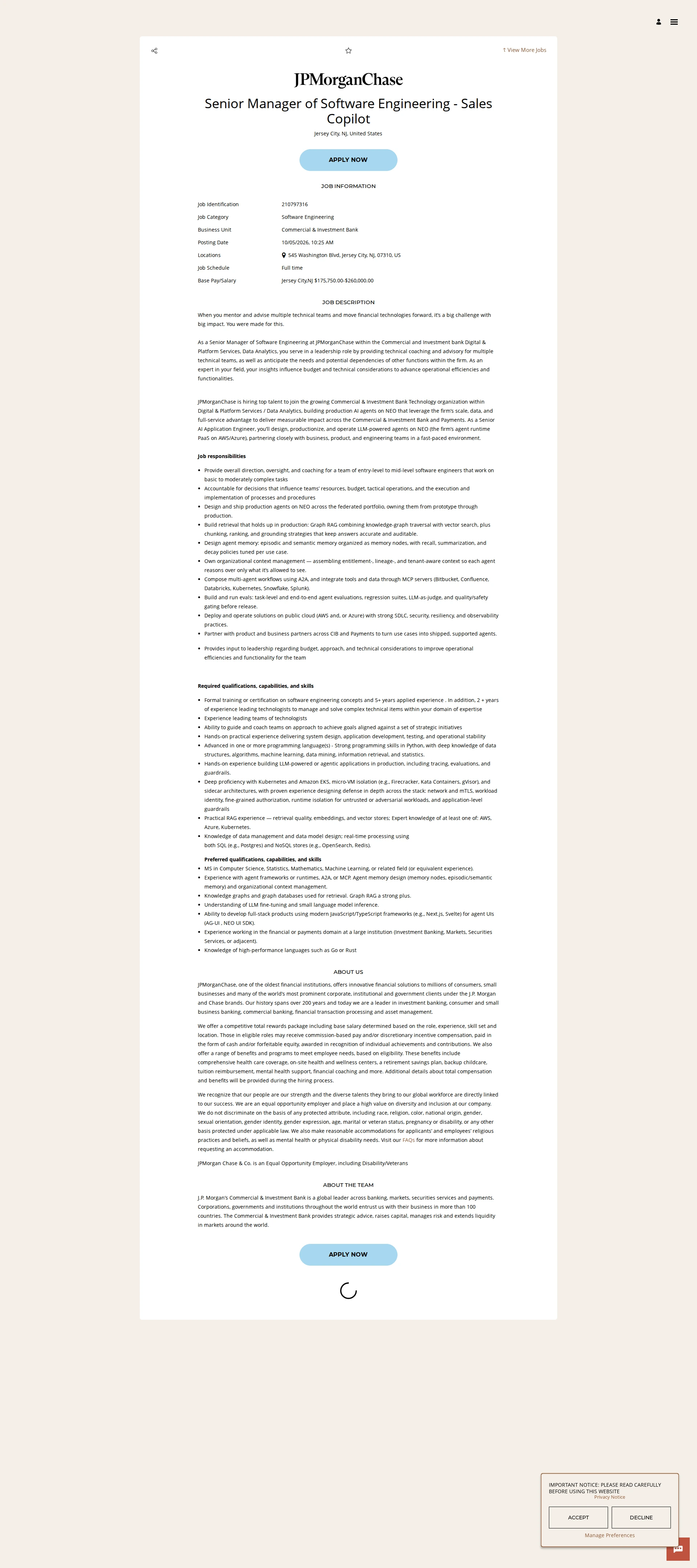 JPMorganChase Senior Manager of Software Engineering - Sales Copilot 채용공고