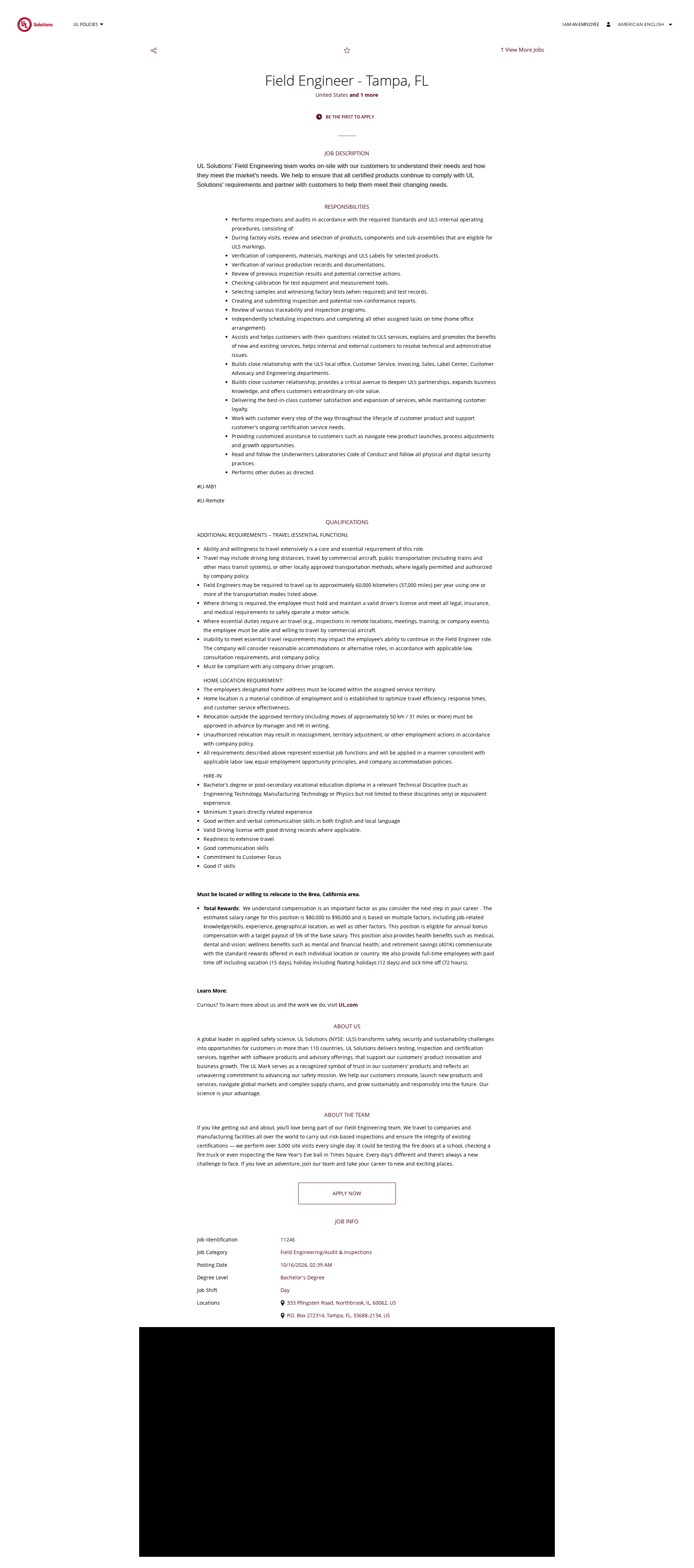 UL Solutions Field Engineer -  Tampa, FL 채용공고
