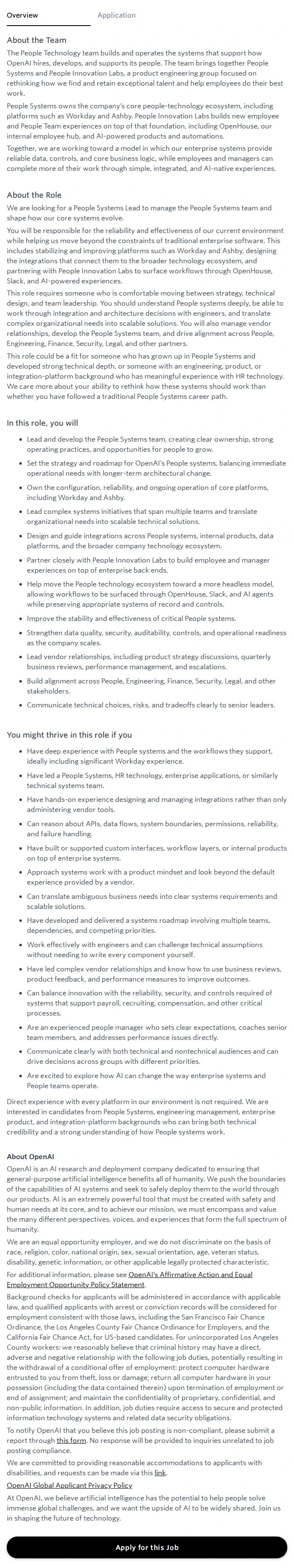 오픈에이아이(OpenAI) People Systems Lead 채용공고