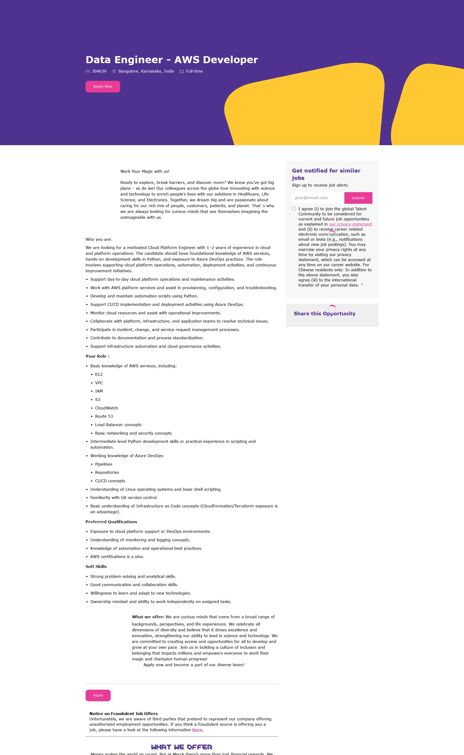 머크 Data Engineer - AWS Developer 채용공고