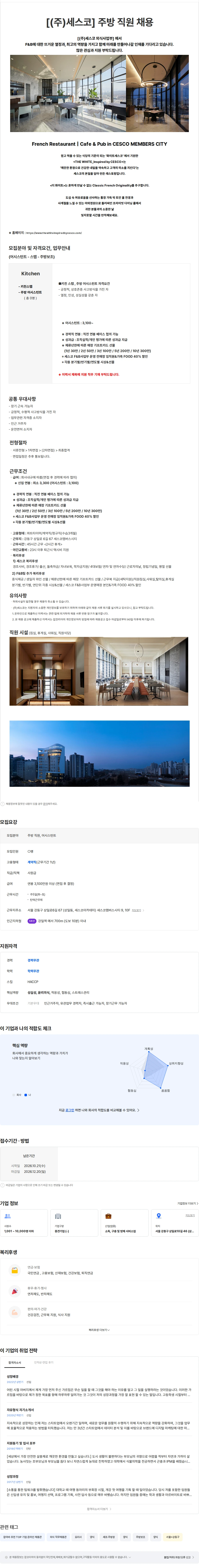 세스코 [(주)세스코F&B](월평균10회휴무) 더화이트 레스토랑 BOH 주방직원 채용 채용공고