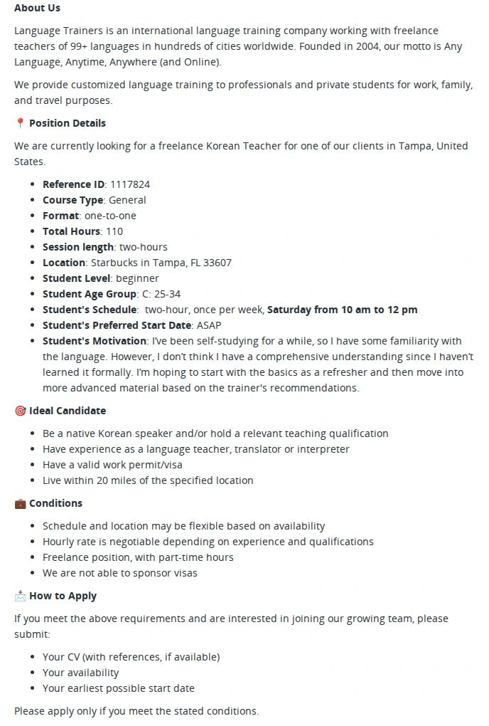 Language Trainers ID 1117824 Language teacher - Korean 채용공고