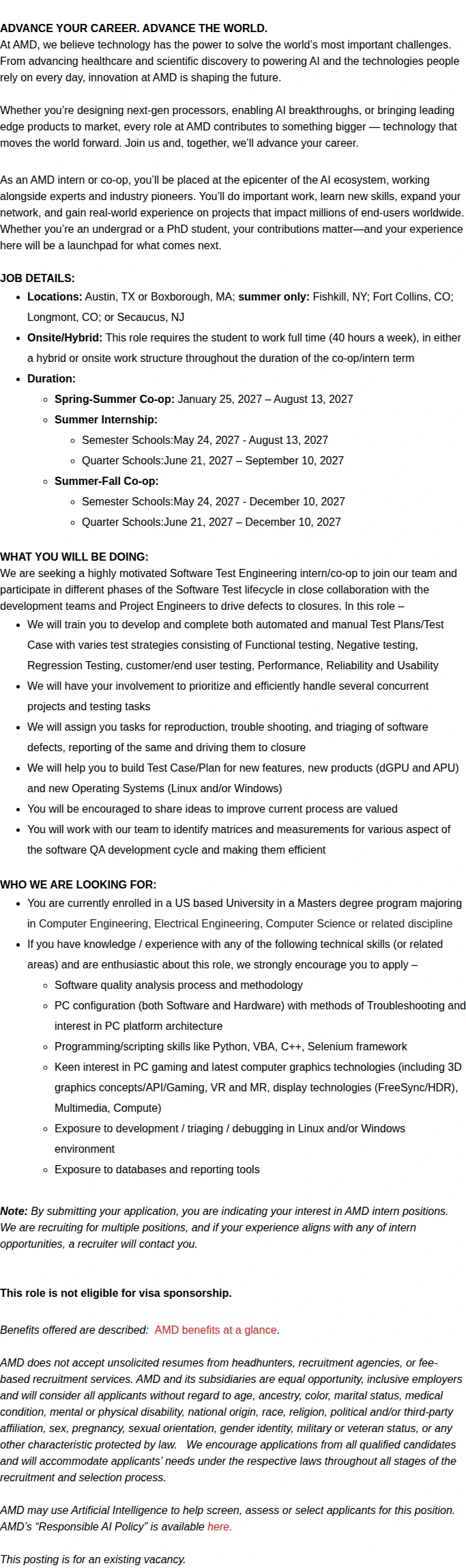 AMD 2027 Masters Software Test Engineering Intern/Co-Op 채용공고