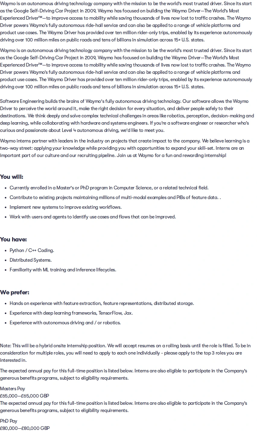 웨이모 2027 Summer Intern, MS/PhD, Sim-Realism ML Infrastructure 채용공고