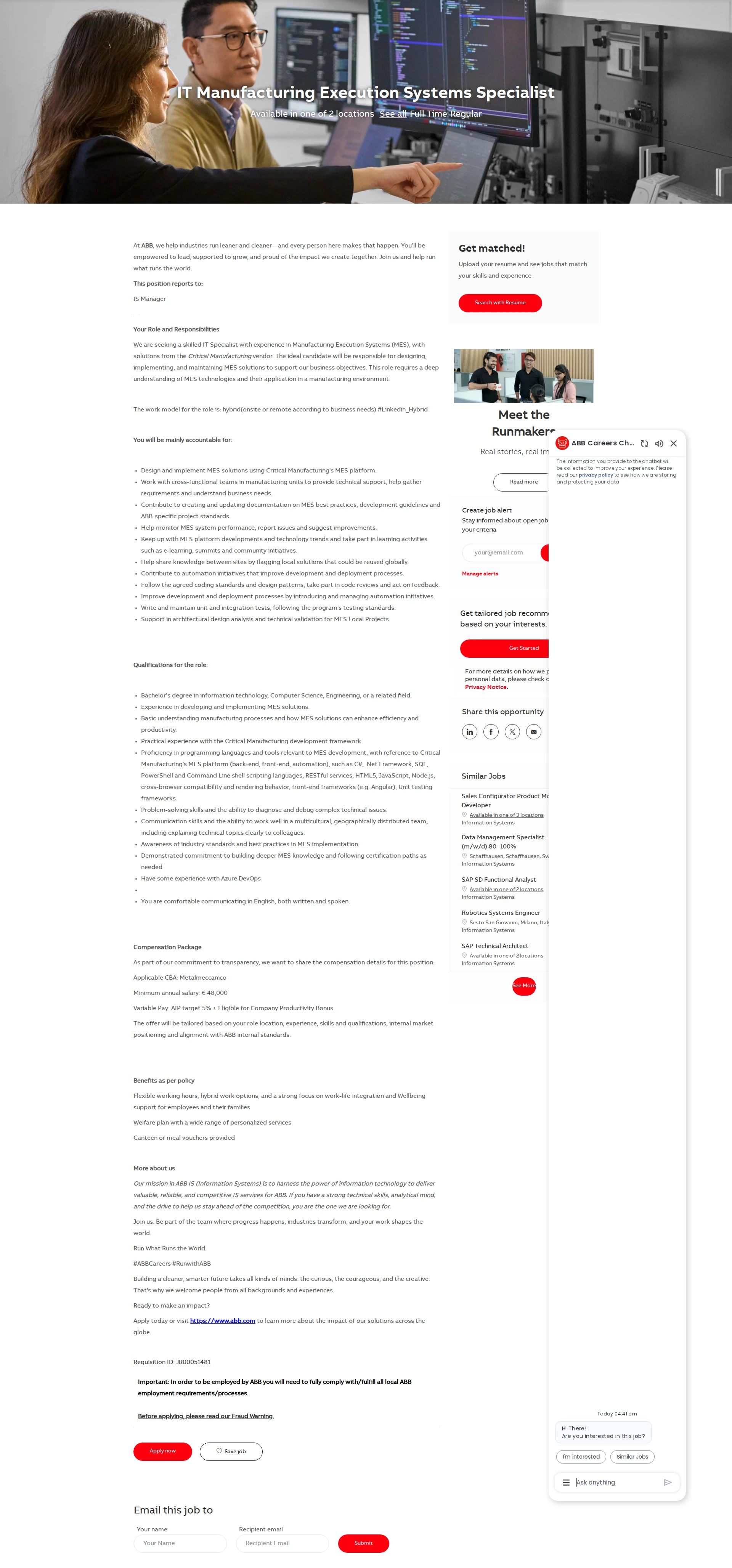 ABB코리아 IT Manufacturing Execution Systems Specialist 채용공고