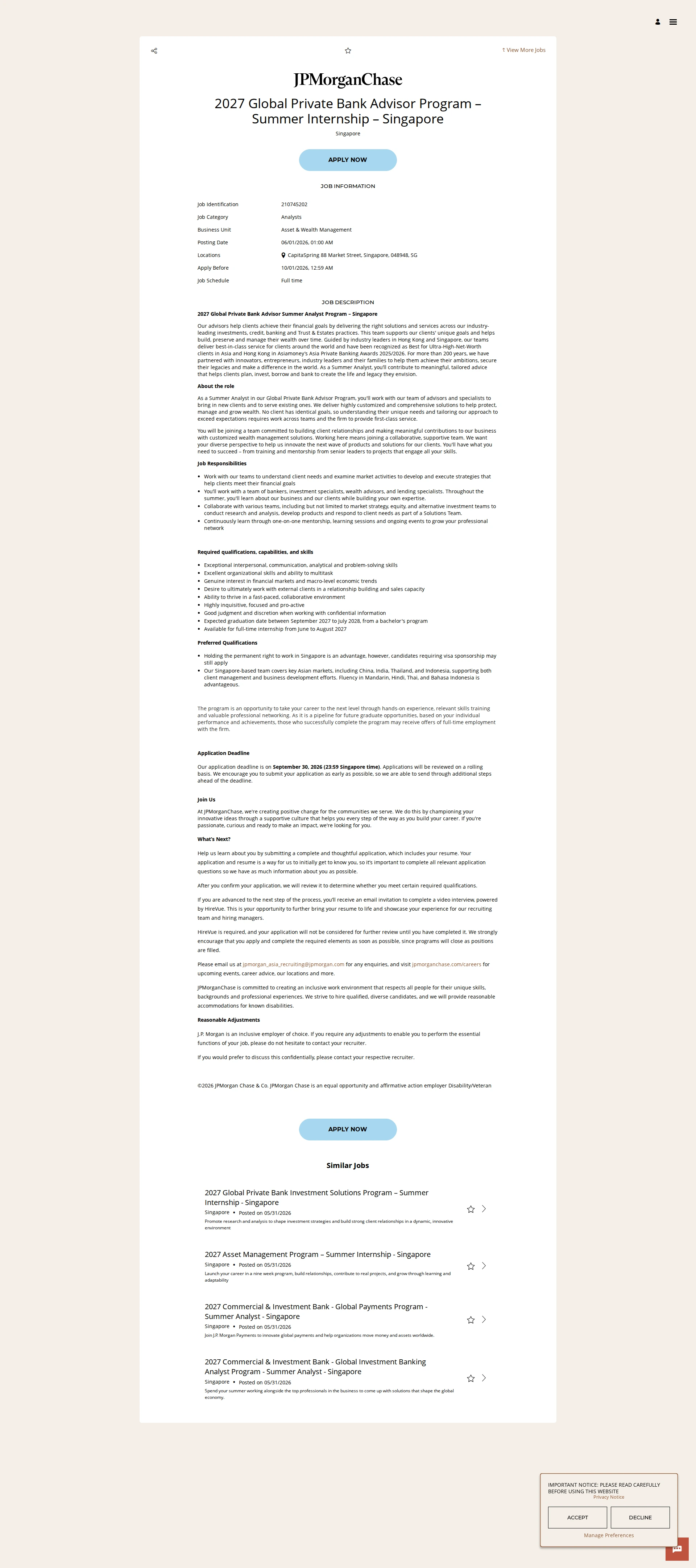 JPMorganChase 2027 Global Private Bank Advisor Program – Summer Internship – Singapore 채용공고
