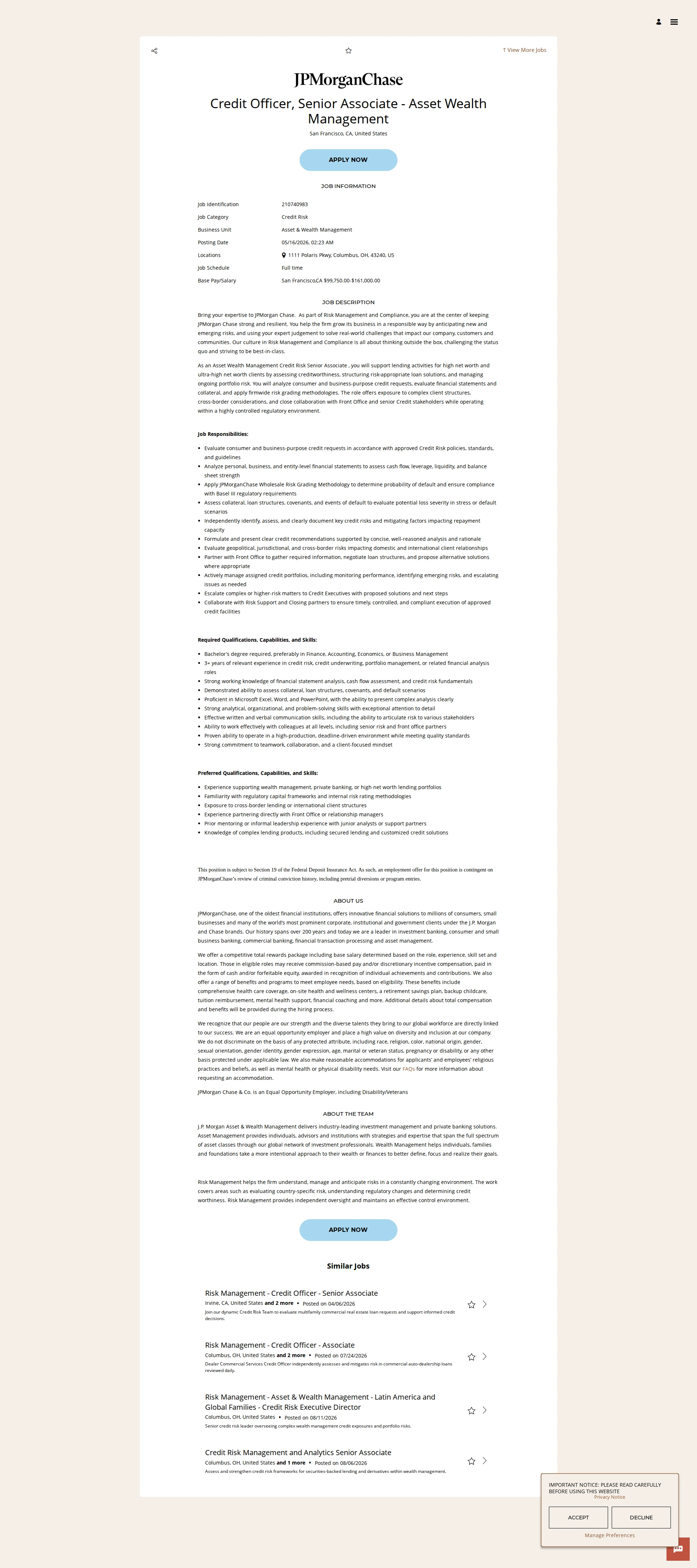 JPMorganChase Credit Officer, Senior Associate - Asset Wealth Management 채용공고