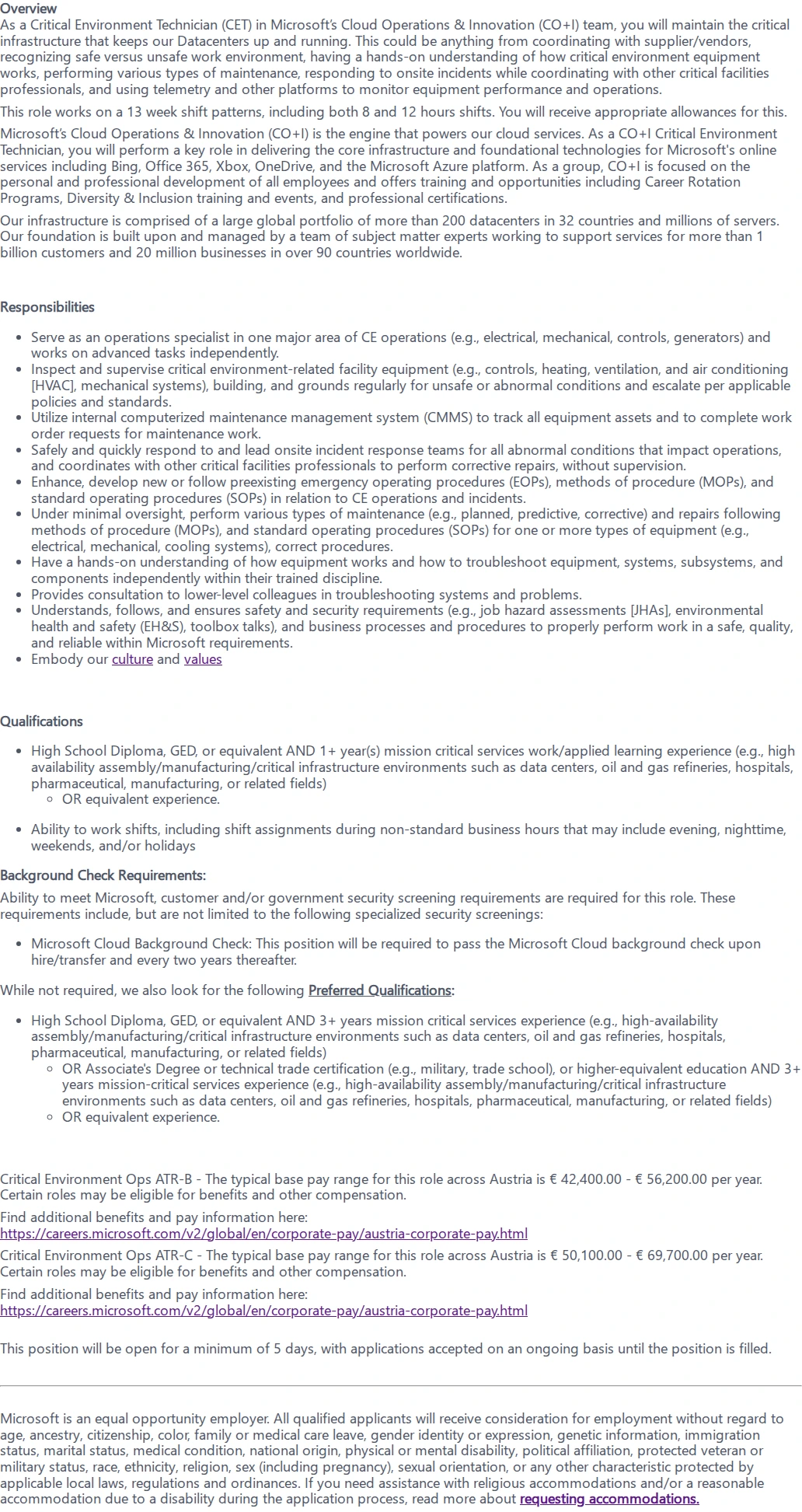 마이크로소프트(Microsoft) Critical Environment Technician (shift) 채용공고