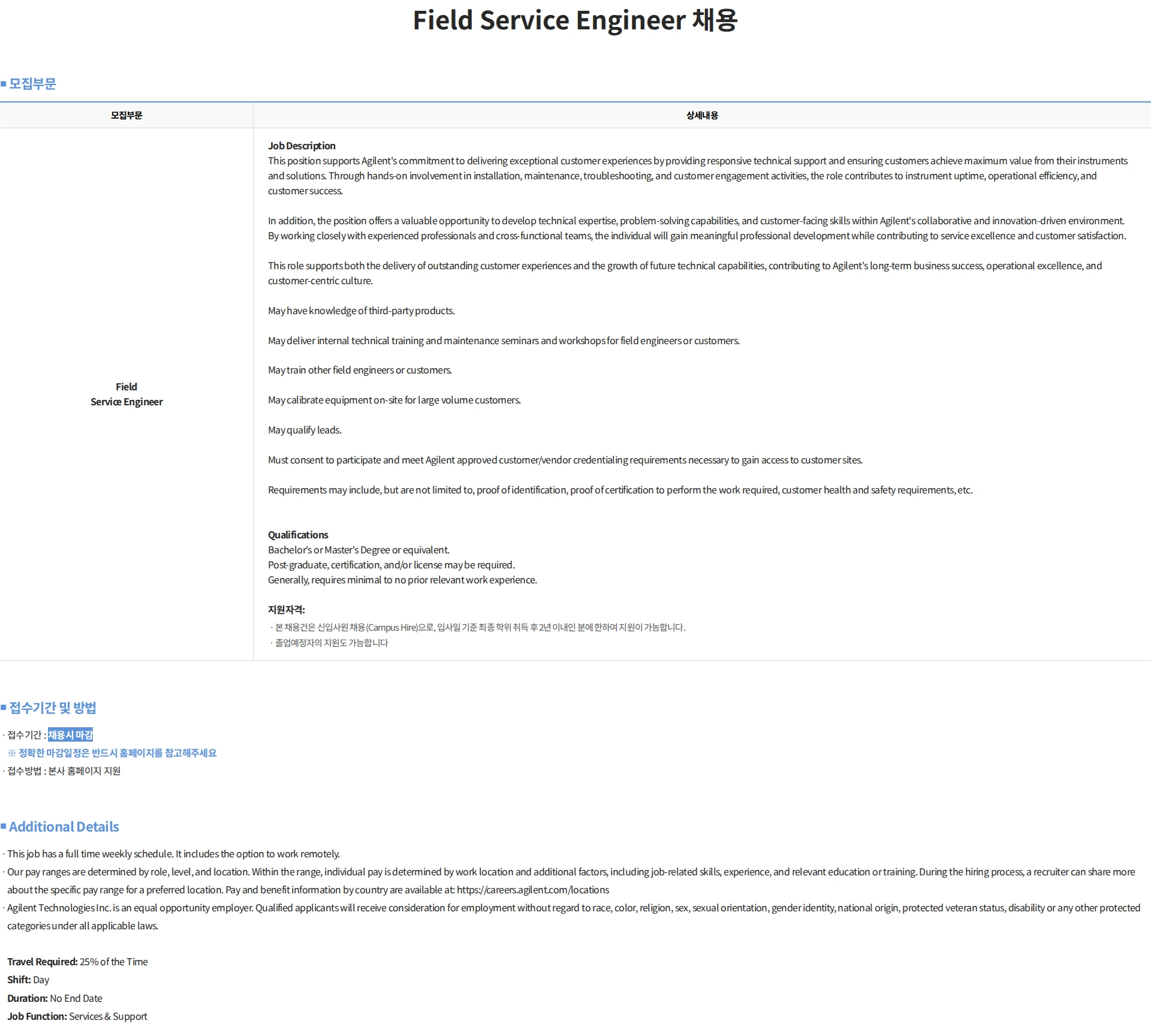 한국애질런트테크놀로지스 Field Service Engineer 채용 채용공고