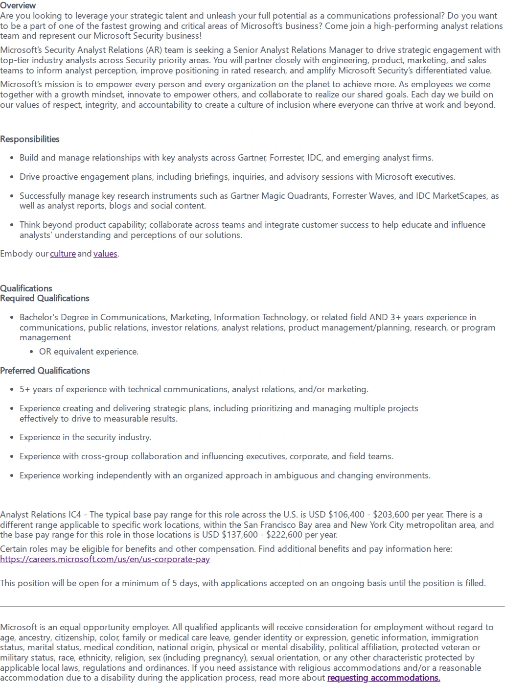 마이크로소프트(Microsoft) Senior Analyst Relations Manager 채용공고