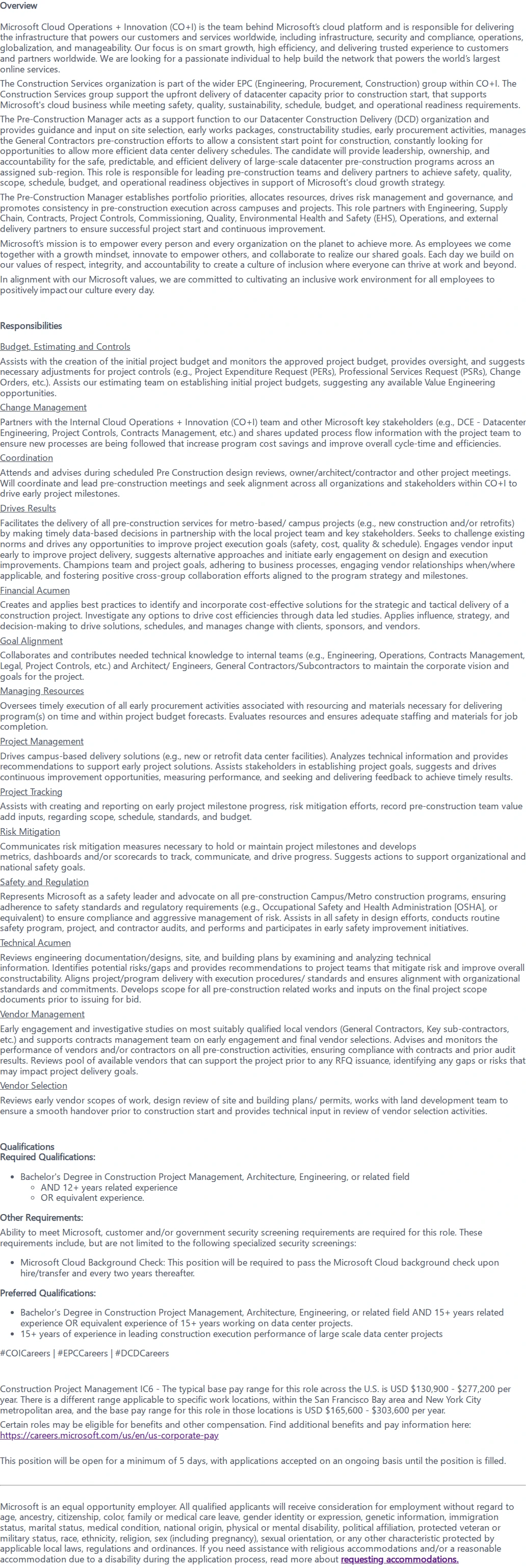 마이크로소프트(Microsoft) Pre-Construction Manager, Data Center (AMERS) 채용공고