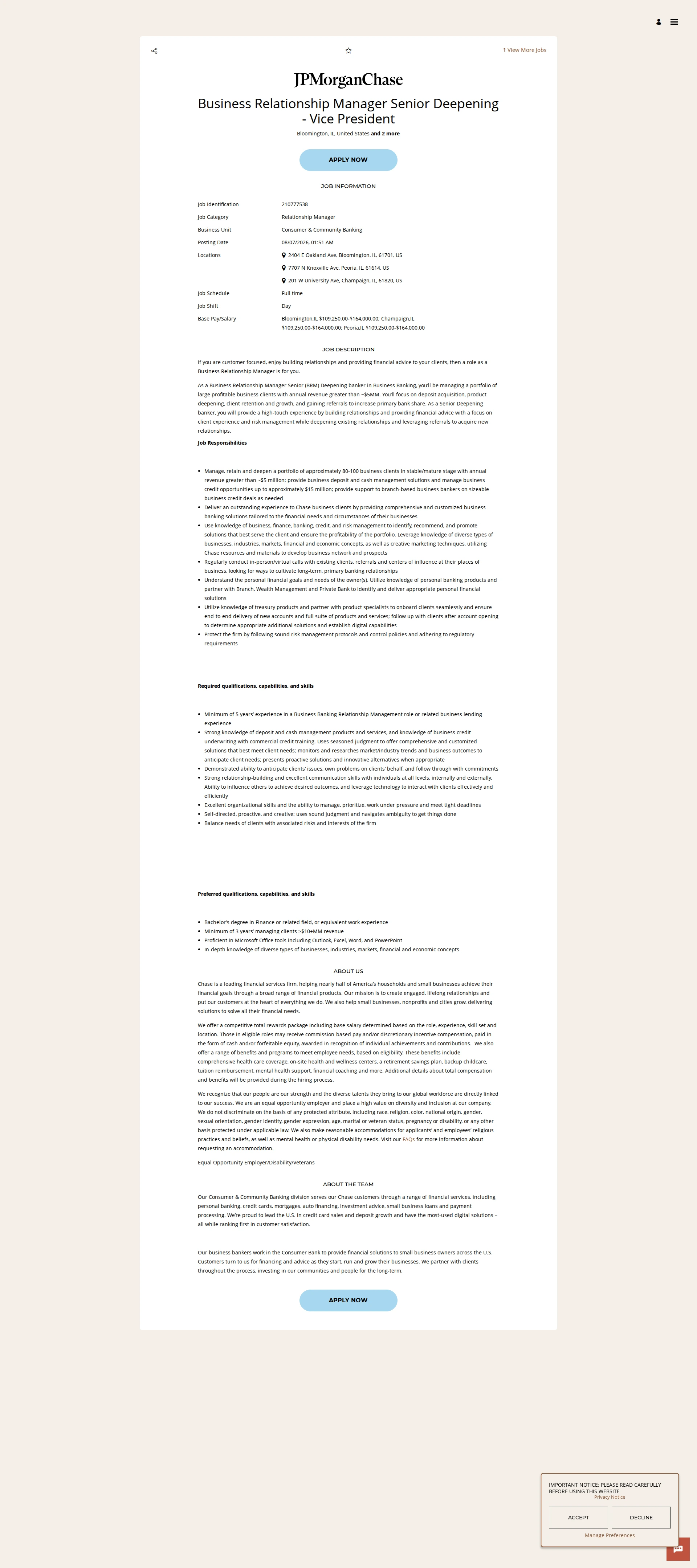 JPMorganChase Business Relationship Manager Senior Deepening - Vice President 채용공고