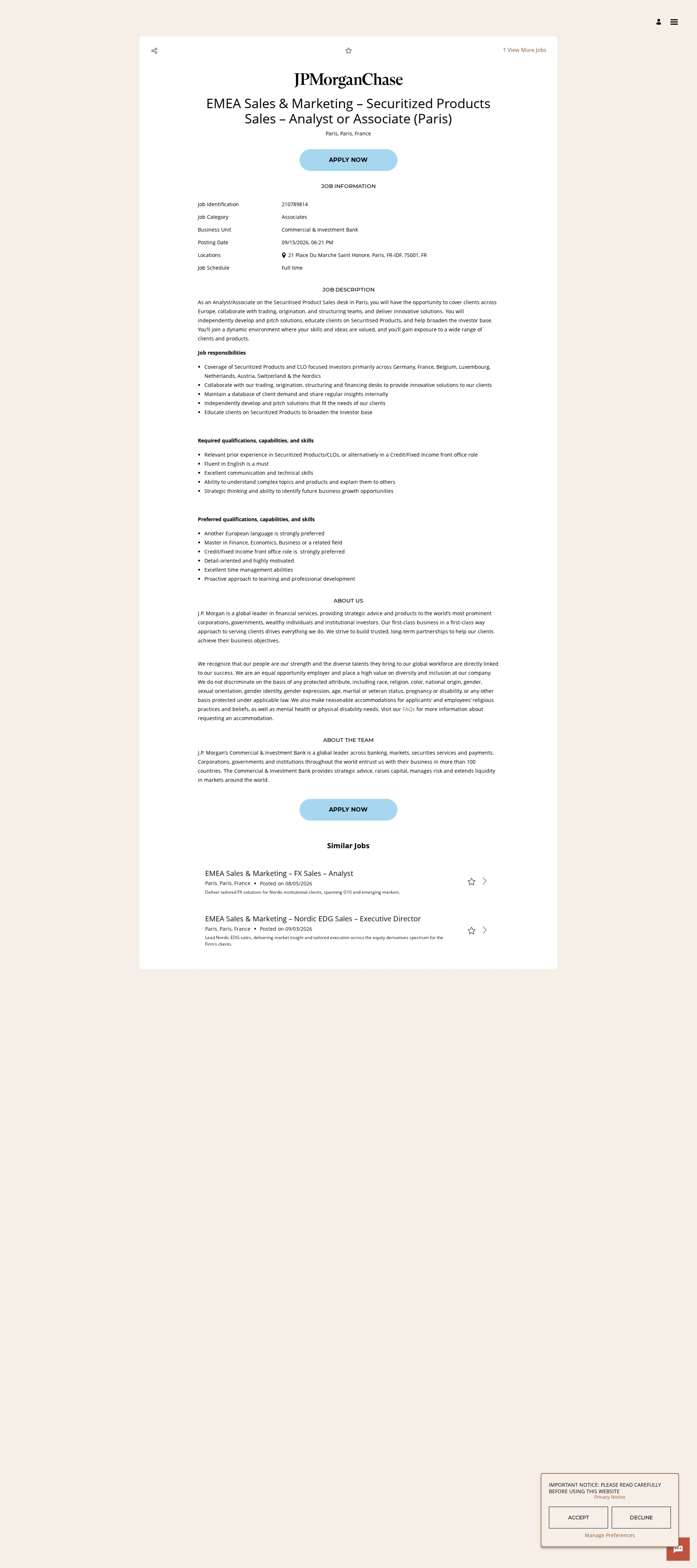 JPMorganChase EMEA Sales & Marketing – Securitized Products Sales – Analyst or Associate (Paris) 채용공고