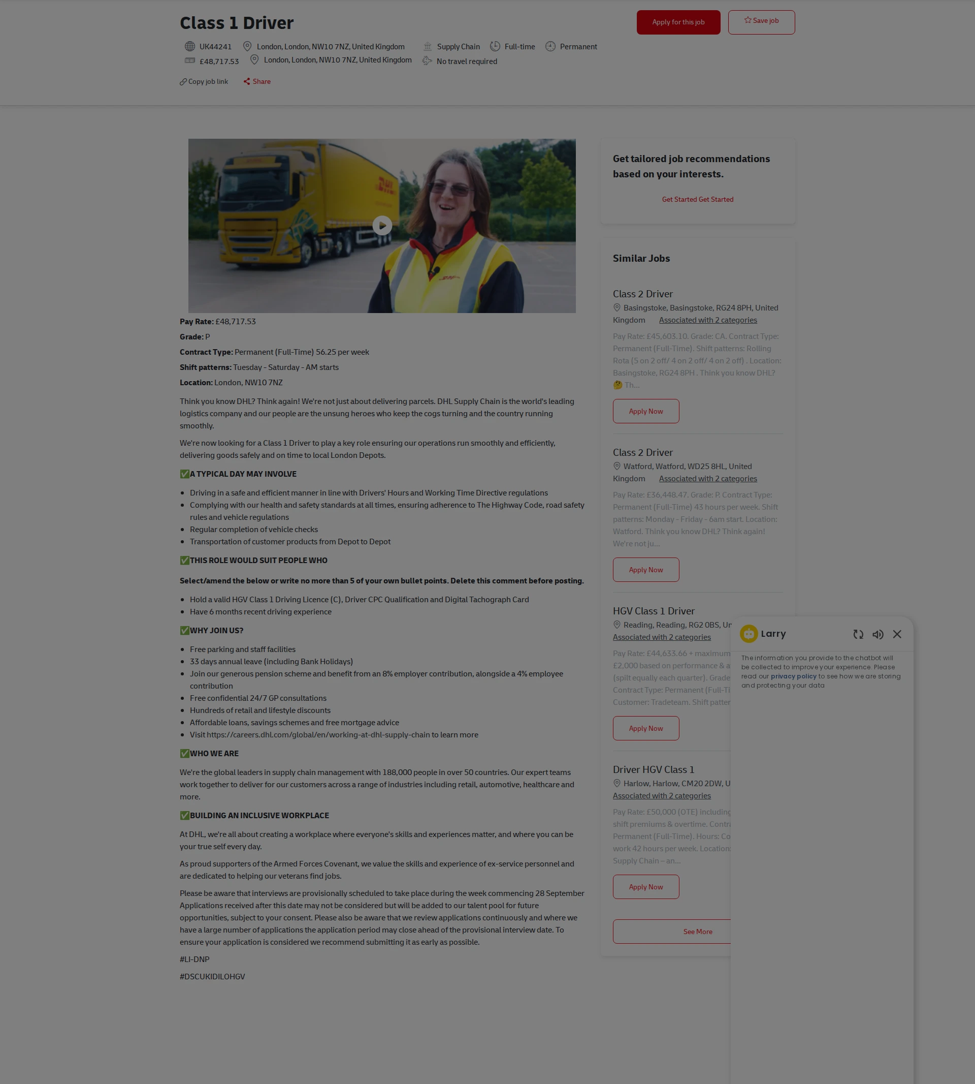DHL Class 1 Driver 채용공고